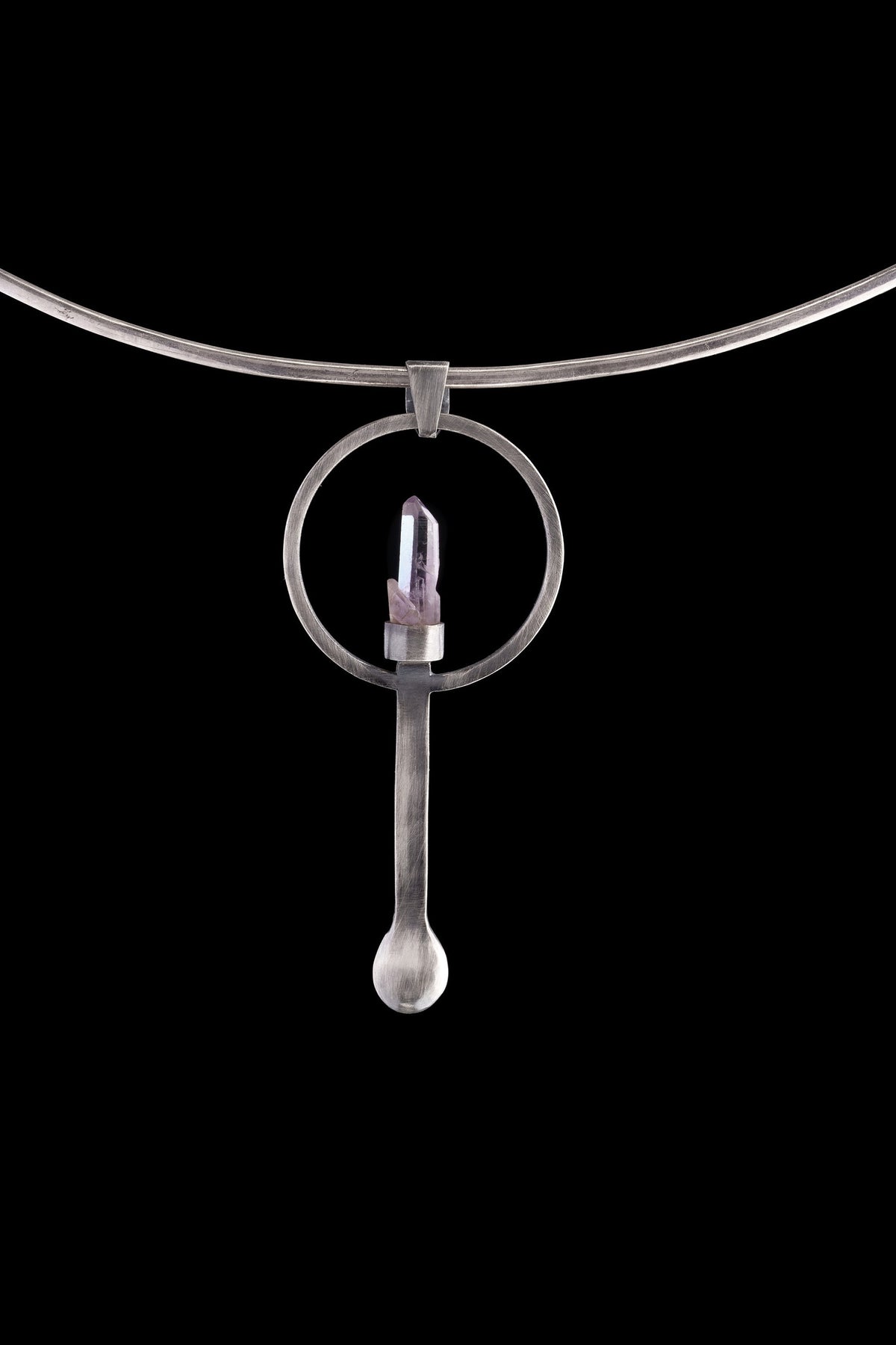 Double Terminated Vera Cruz Amethyst sterling silver spoon pendant shown on a choker with brush-textured silver and lilac crystal.