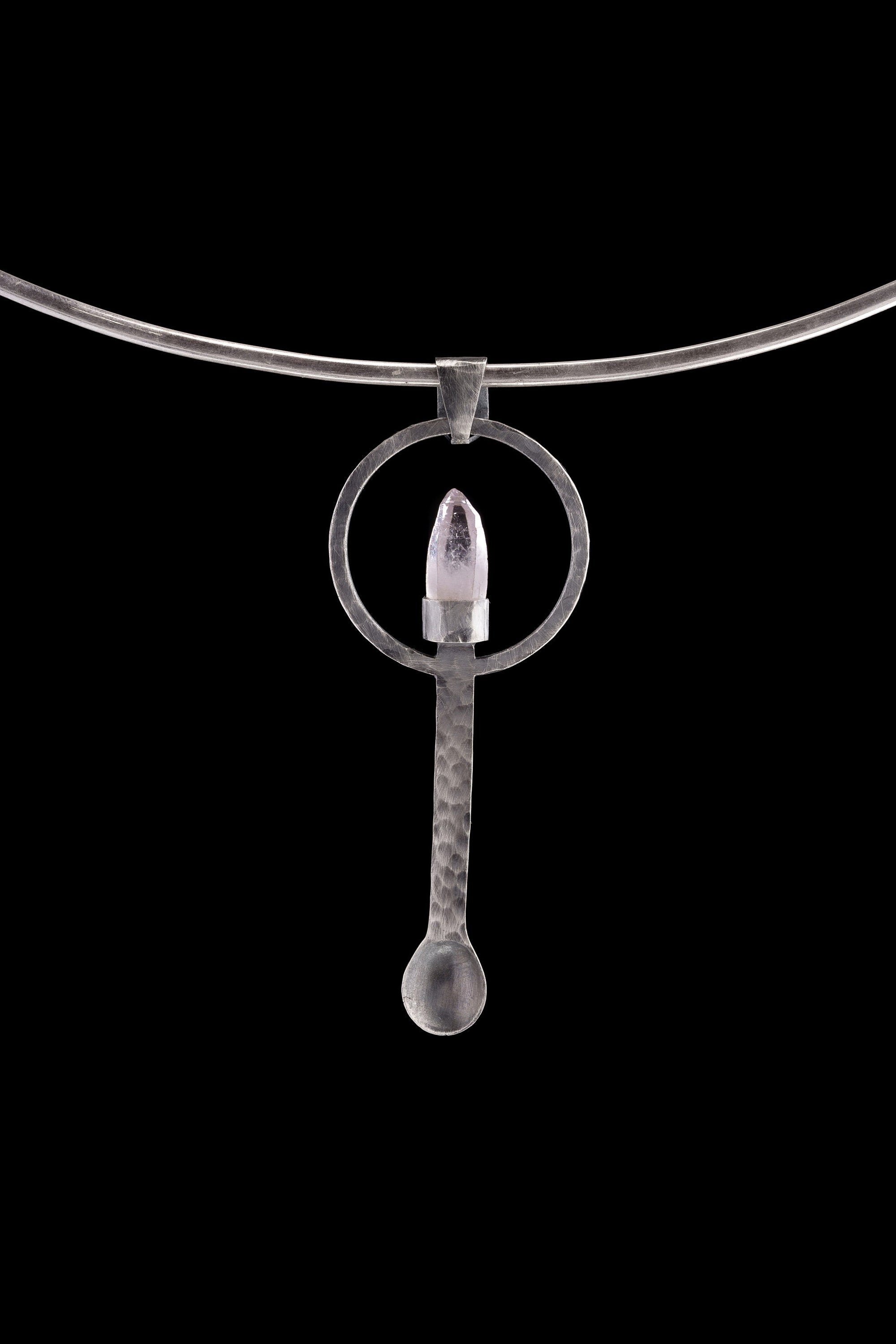 Vera Cruz Lemurian Quartz sterling silver ritual spoon shown on a choker with brush-textured silver and clear crystal point.