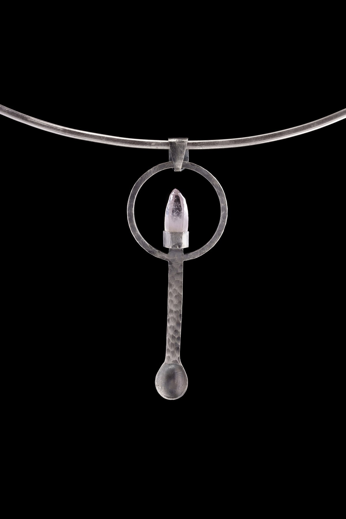 Vera Cruz Lemurian Quartz sterling silver ritual spoon shown on a choker with brush-textured silver and clear crystal point.