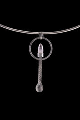 Vera Cruz Lemurian Quartz sterling silver ritual spoon shown on a choker with brush-textured silver and clear crystal point.