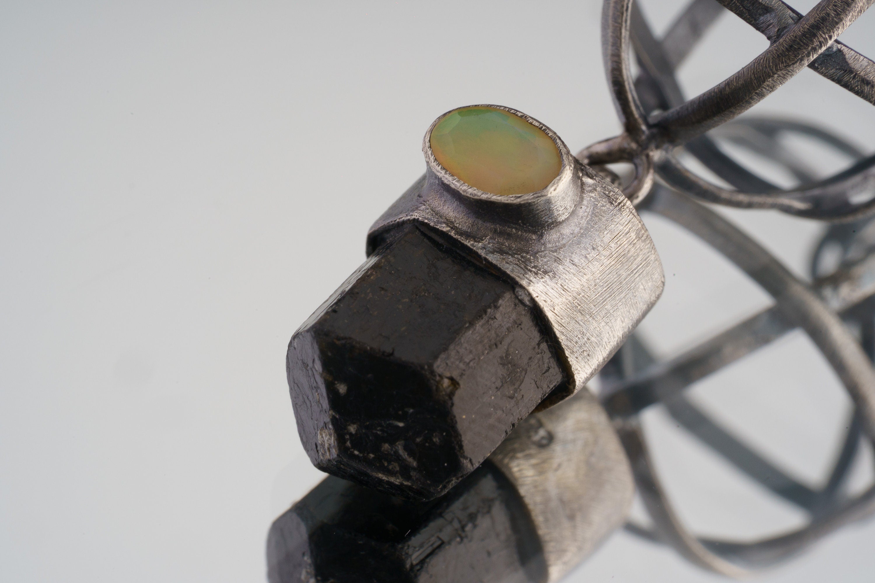 Cosmic Balance: Himalayan Brown Tourmaline & Ethiopian Oval Fiery Rainbow Opal - Oxidised and Brush Textured - Sterling Silver Pendant