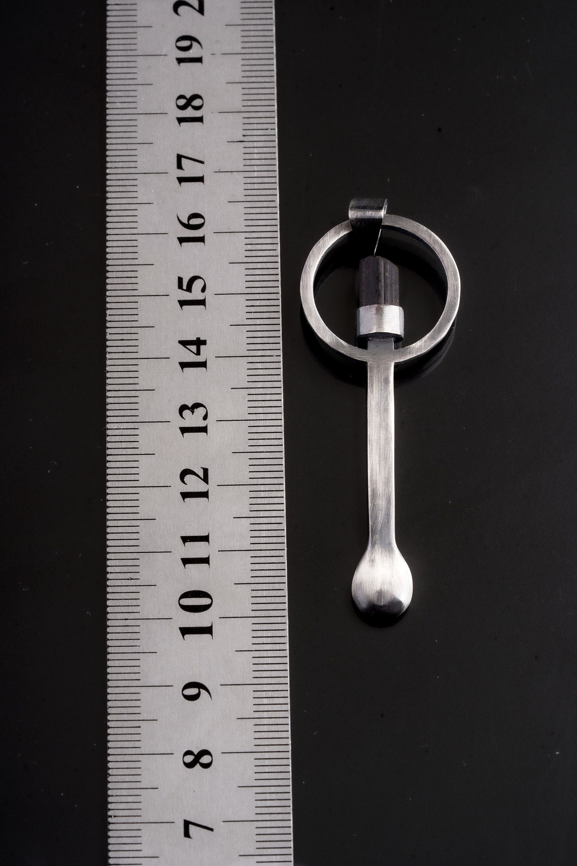 Black Tourmaline - Small Spice / Ceremonial Spoon - Solid 925 Cast Silver - Oxidised & Brush Textured - Crystal Pendant Necklace