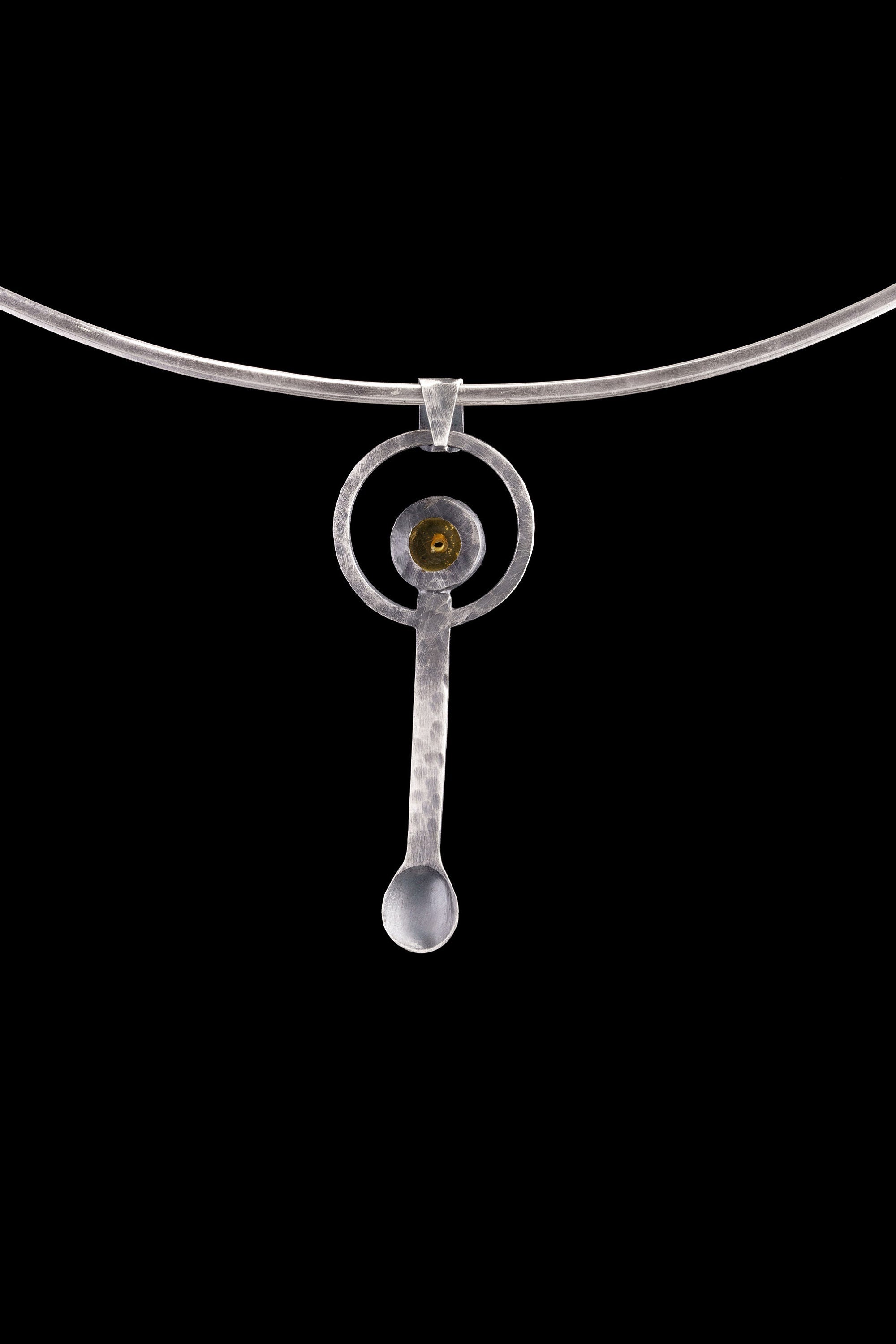 Mexican Amber- Spice / Ceremonial Spoon - 925 Cast Silver - Oxidised & Hammer Textured - Crystal Pendant Necklace