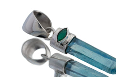 Aqua Aura Quartz & Eye Shape Faceted Natural Emerald - High Shine Sterling Silver Crystal Pendant NO/9