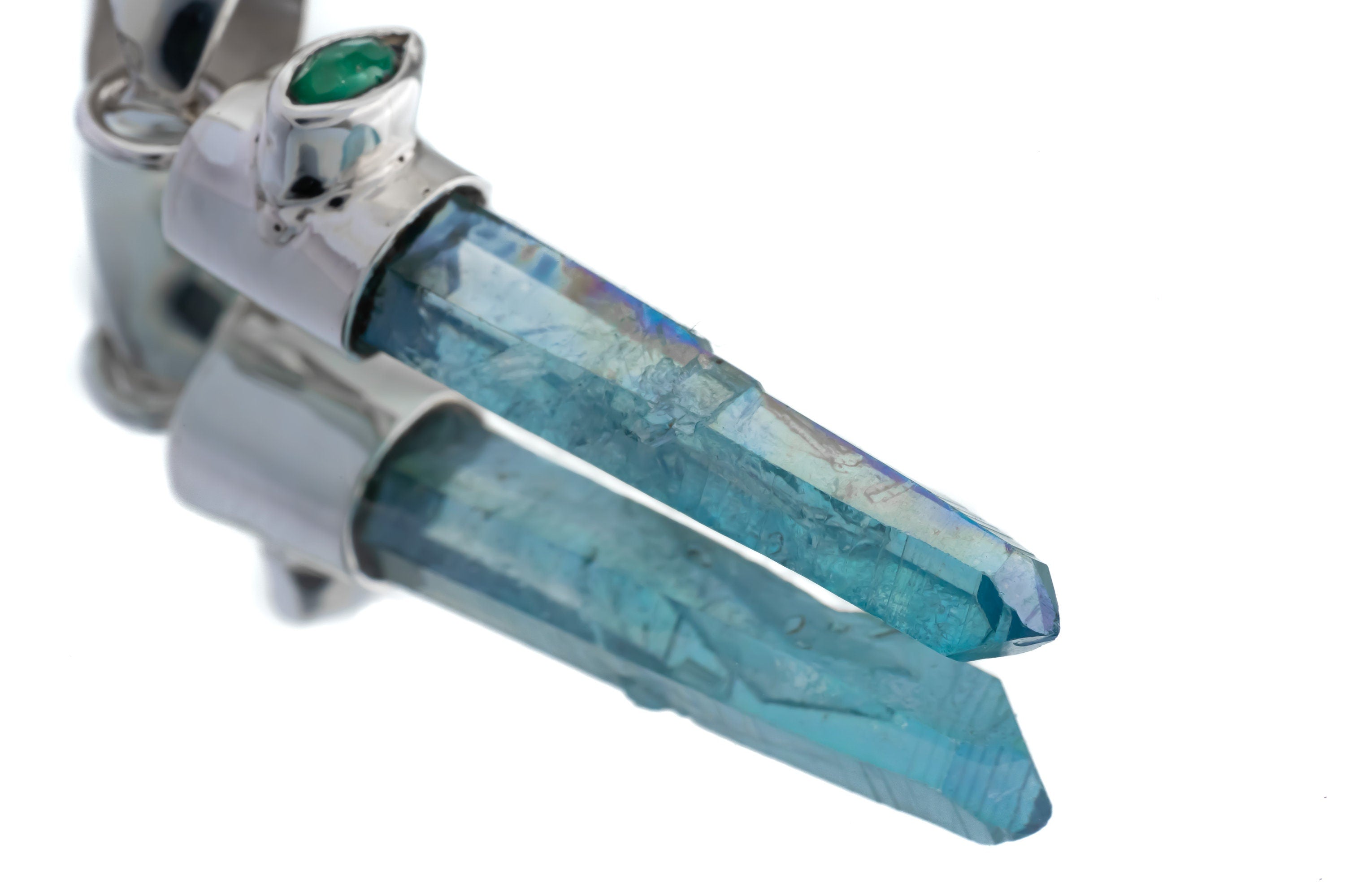 Aqua Aura Quartz & Eye Shape Faceted Natural Emerald - High Shine Sterling Silver Crystal Pendant NO/8