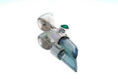 Aqua Aura Quartz & Eye Shape Faceted Natural Emerald - High Shine Sterling Silver Crystal Pendant NO/2