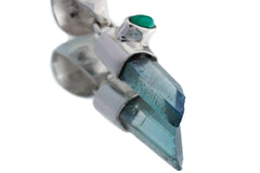 Aqua Aura Quartz & Eye Shape Faceted Natural Emerald - High Shine Sterling Silver Crystal Pendant NO/2