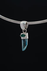 Aqua Aura Quartz & Eye Shape Faceted Natural Emerald - High Shine Sterling Silver Crystal Pendant NO/2