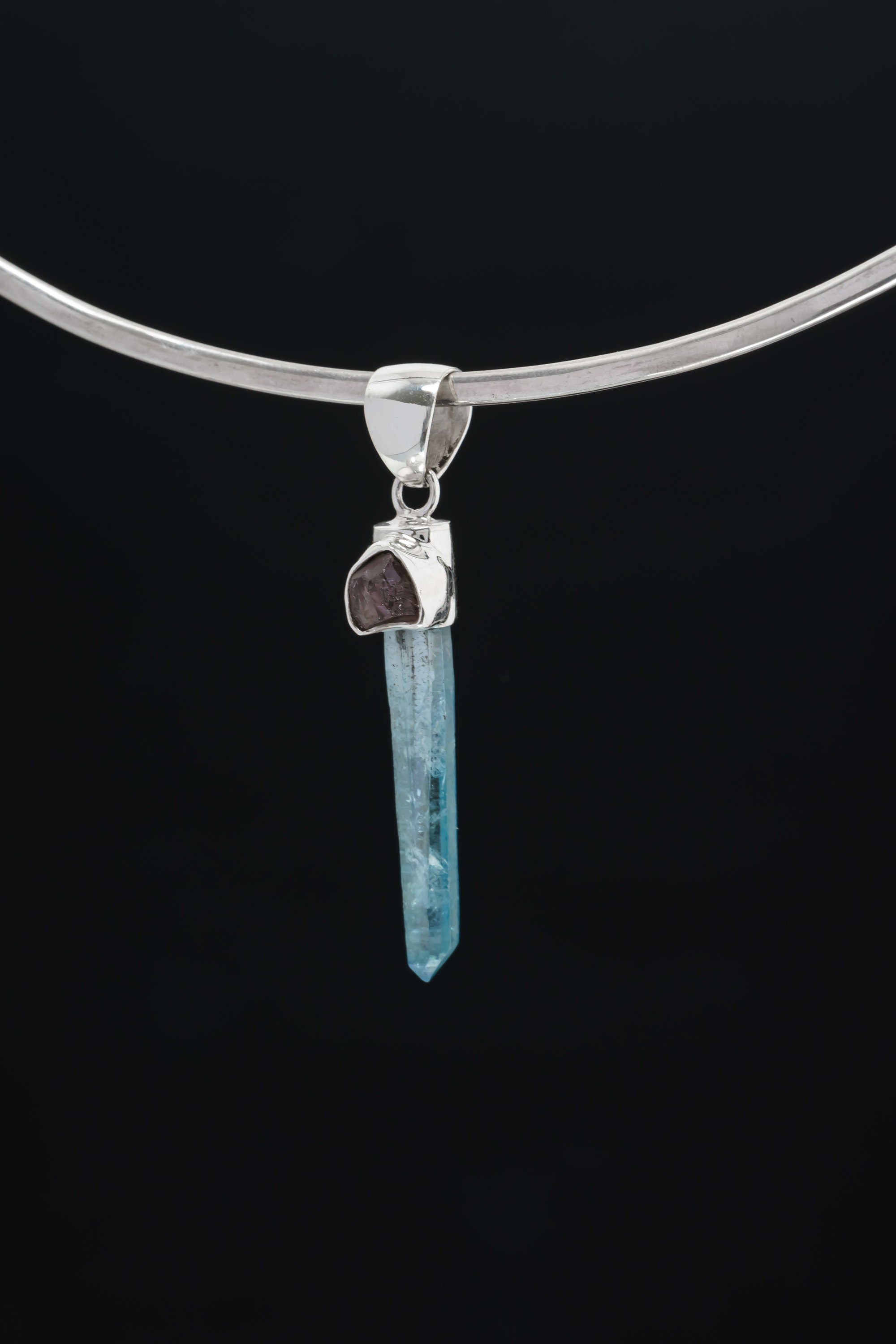 Aqua Aura Quartz & Raw Amethyst - High Shine Sterling Silver Crystal Pendant NO/15