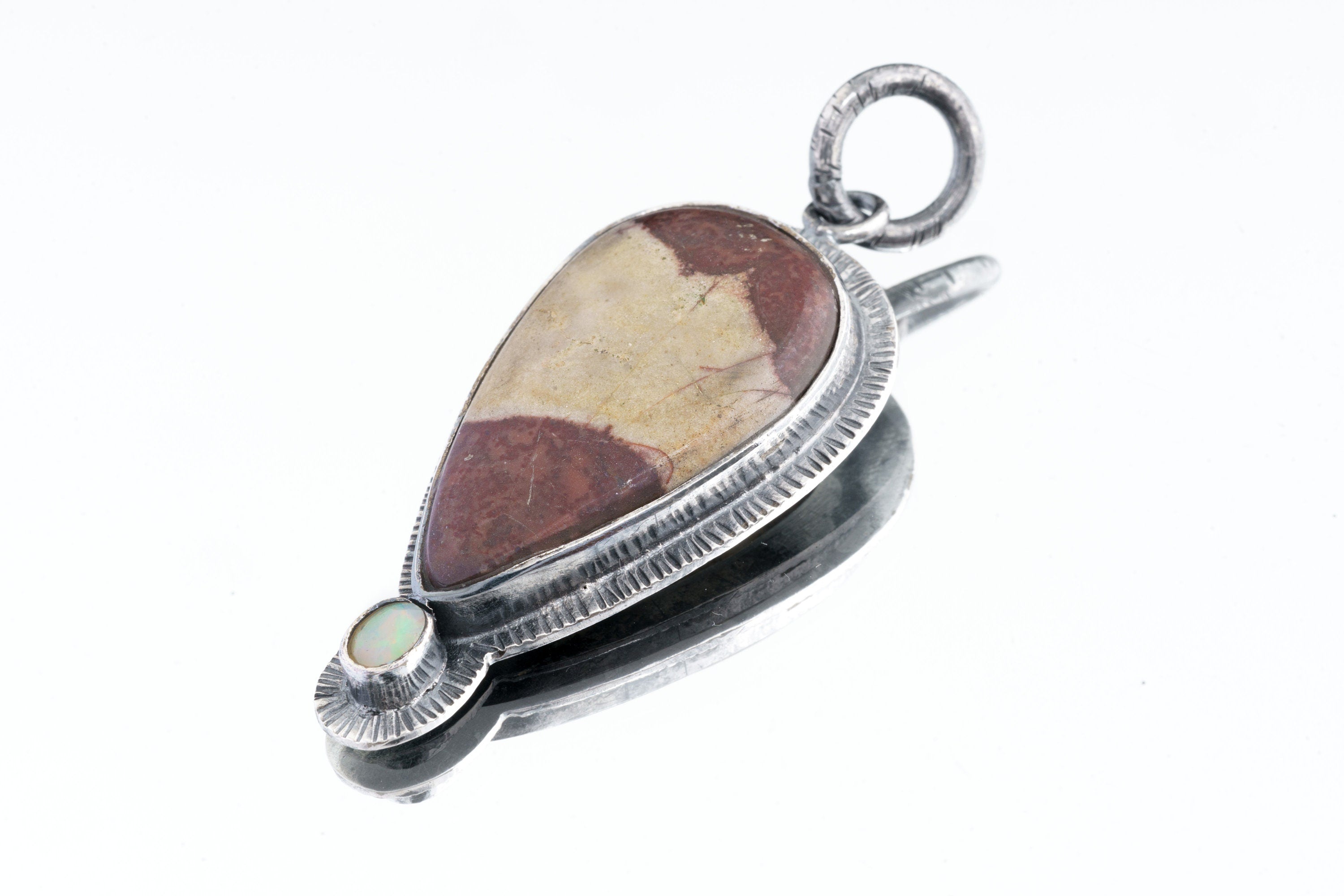 Grounding Australian Mookaite and Fiery Ethiopian Opal Pendant - Oxidised Sterling Silver with Sun Ray Details
