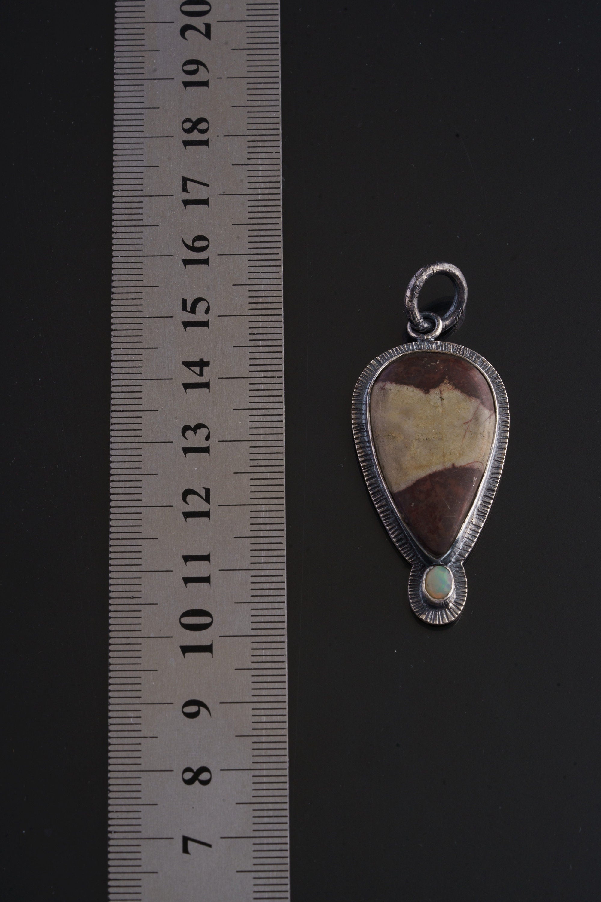 Grounding Australian Mookaite and Fiery Ethiopian Opal Pendant - Oxidised Sterling Silver with Sun Ray Details