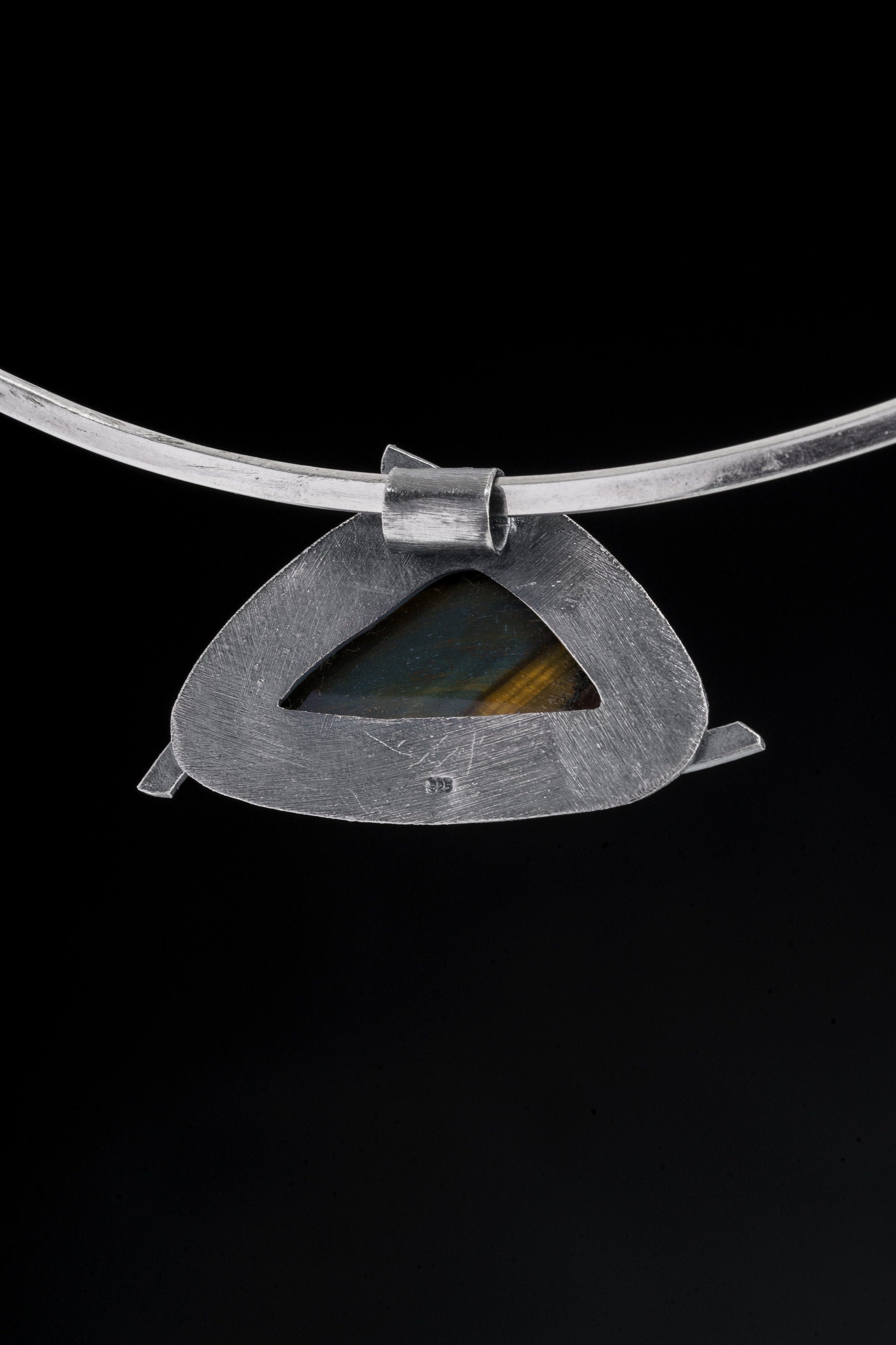 Tiger Eye Triangle Pendant 925 Sterling Silver Oxidized Necklace Solar Plexus Root Chakra Leo Capricorn Gift