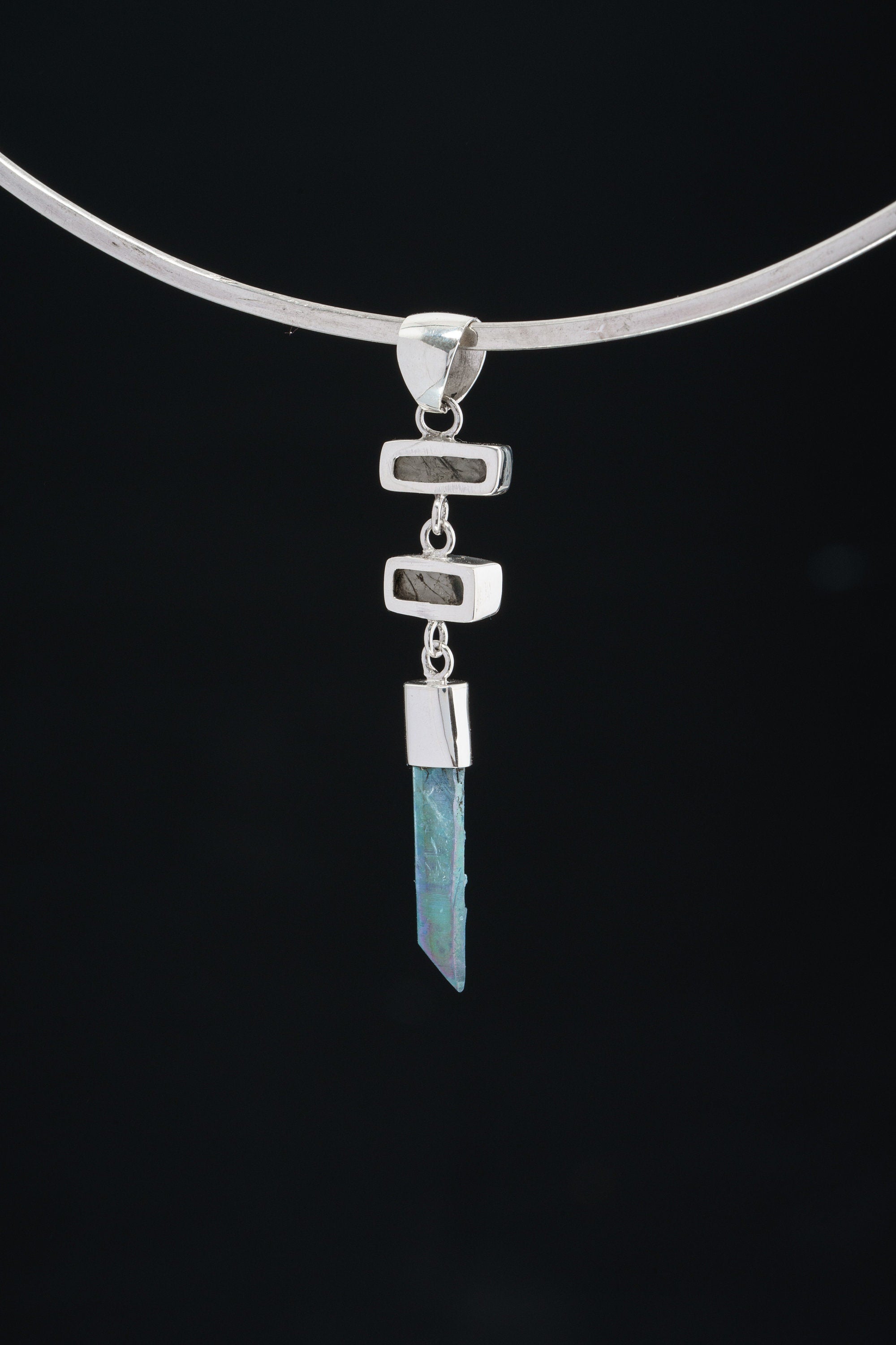 Black Rutile Quartz and Lemurian Aqua Aura pendant displayed on a choker with long crystal drop.