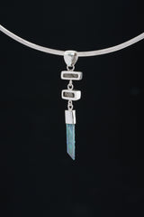 Black Rutile Quartz and Lemurian Aqua Aura pendant displayed on a choker with long crystal drop.