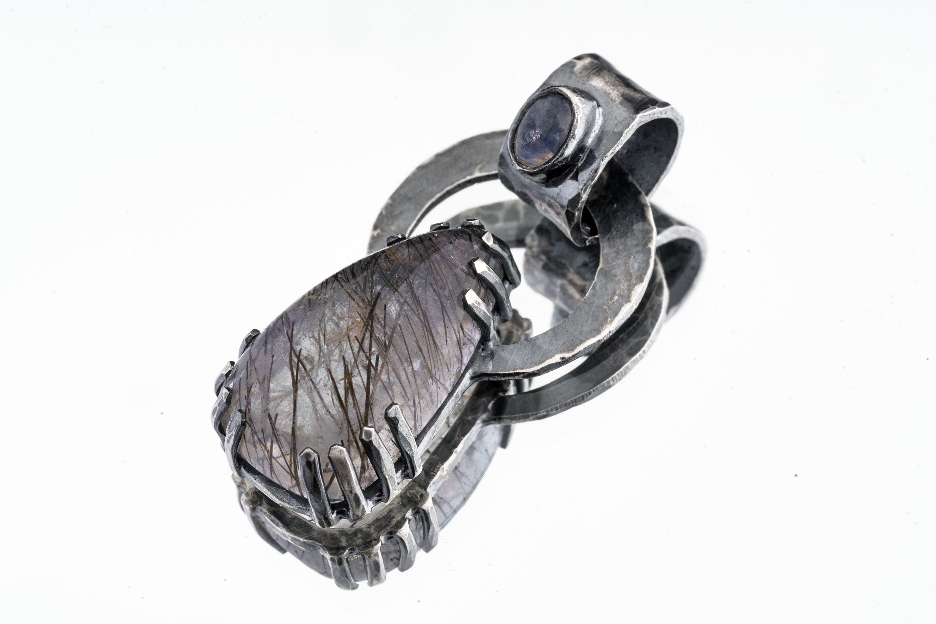 Black Rutile Quartz and Blue Moonstone - Oxidised Hammered Sterling Silver - Claw Set Pendant