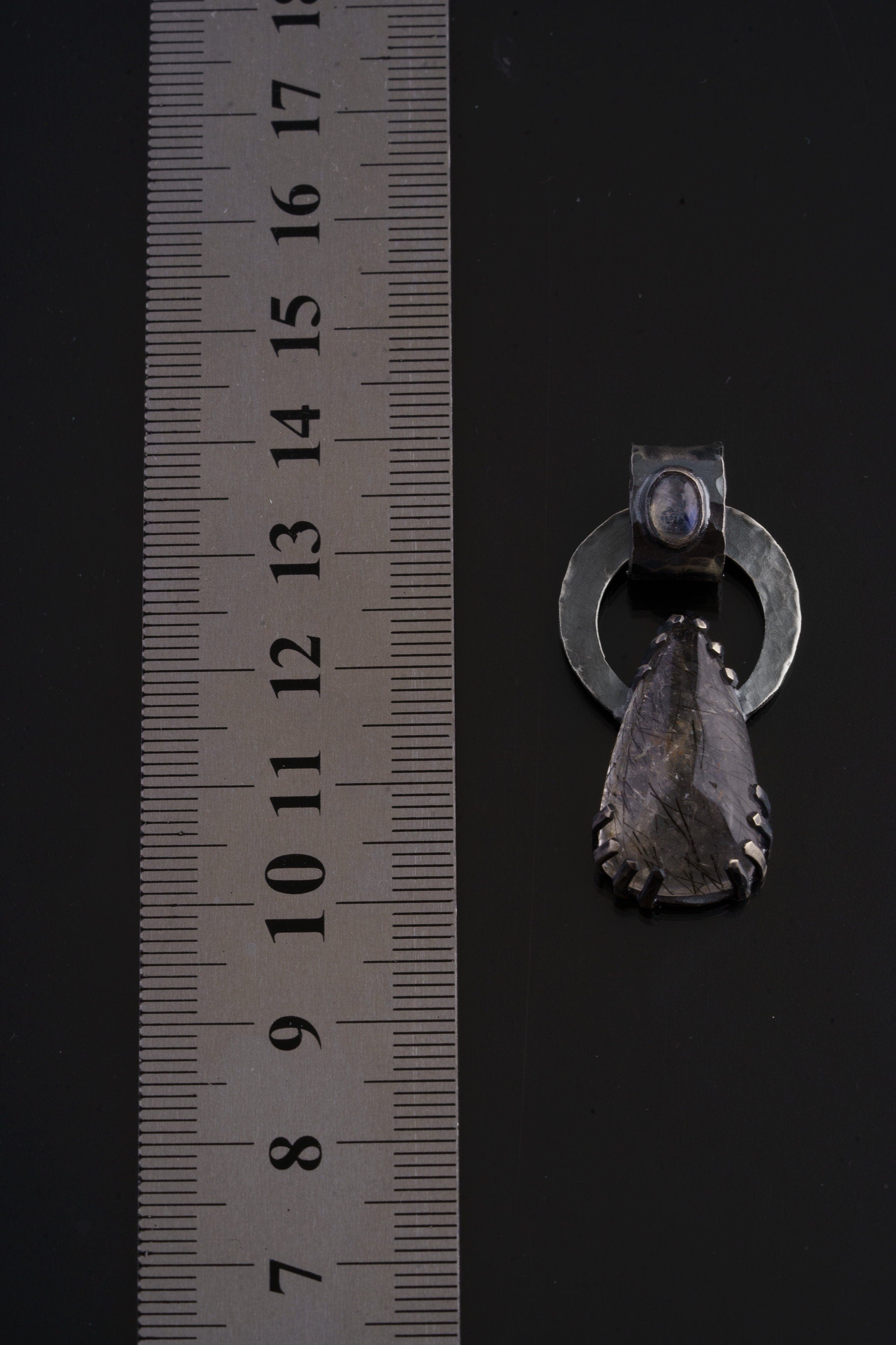 Black Rutile Quartz and Blue Moonstone - Oxidised Hammered Sterling Silver - Claw Set Pendant