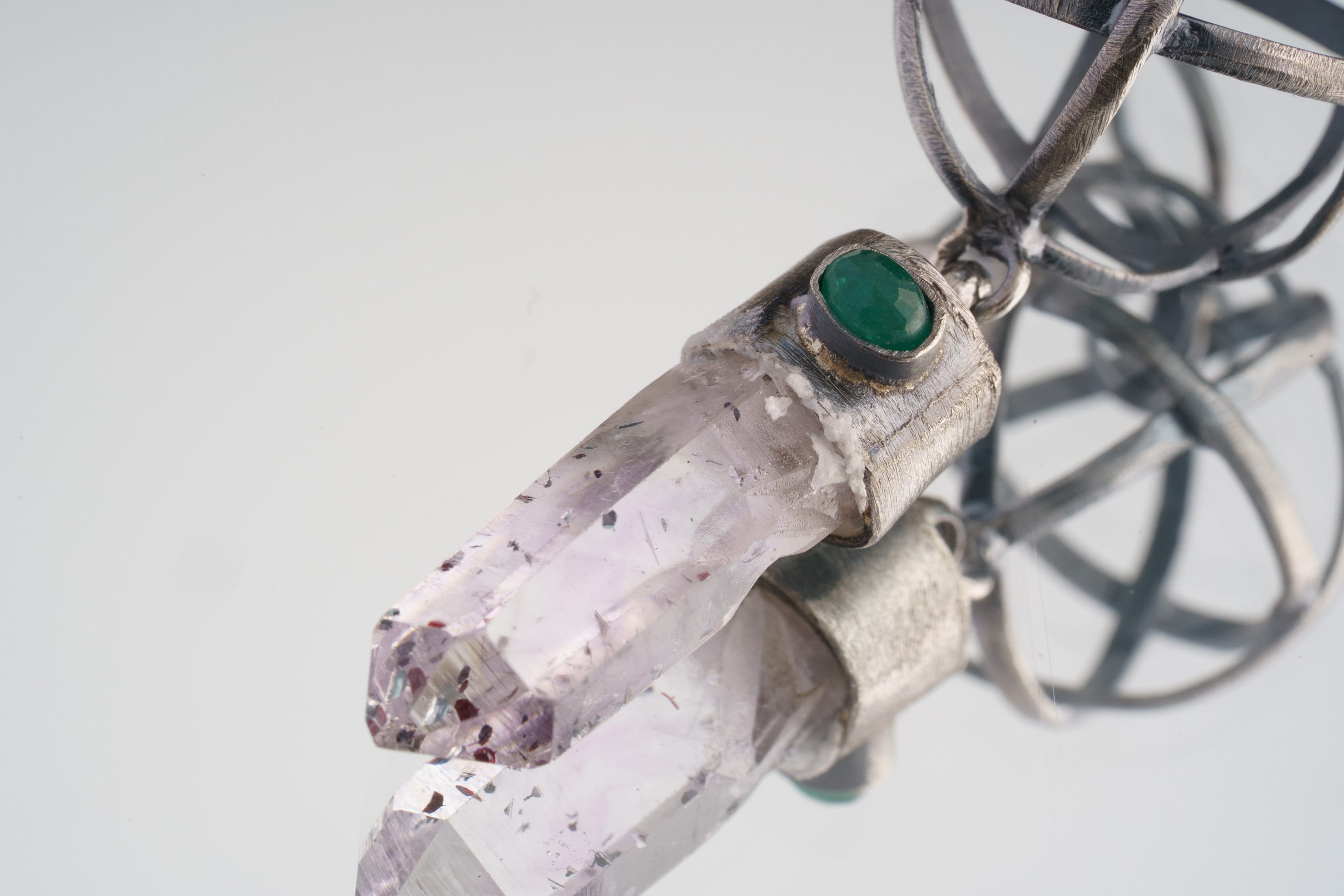 Oxidized Sterling Silver Pendant: Vera Cruz Amethyst, Emerald Eye, Brutalist Sphere