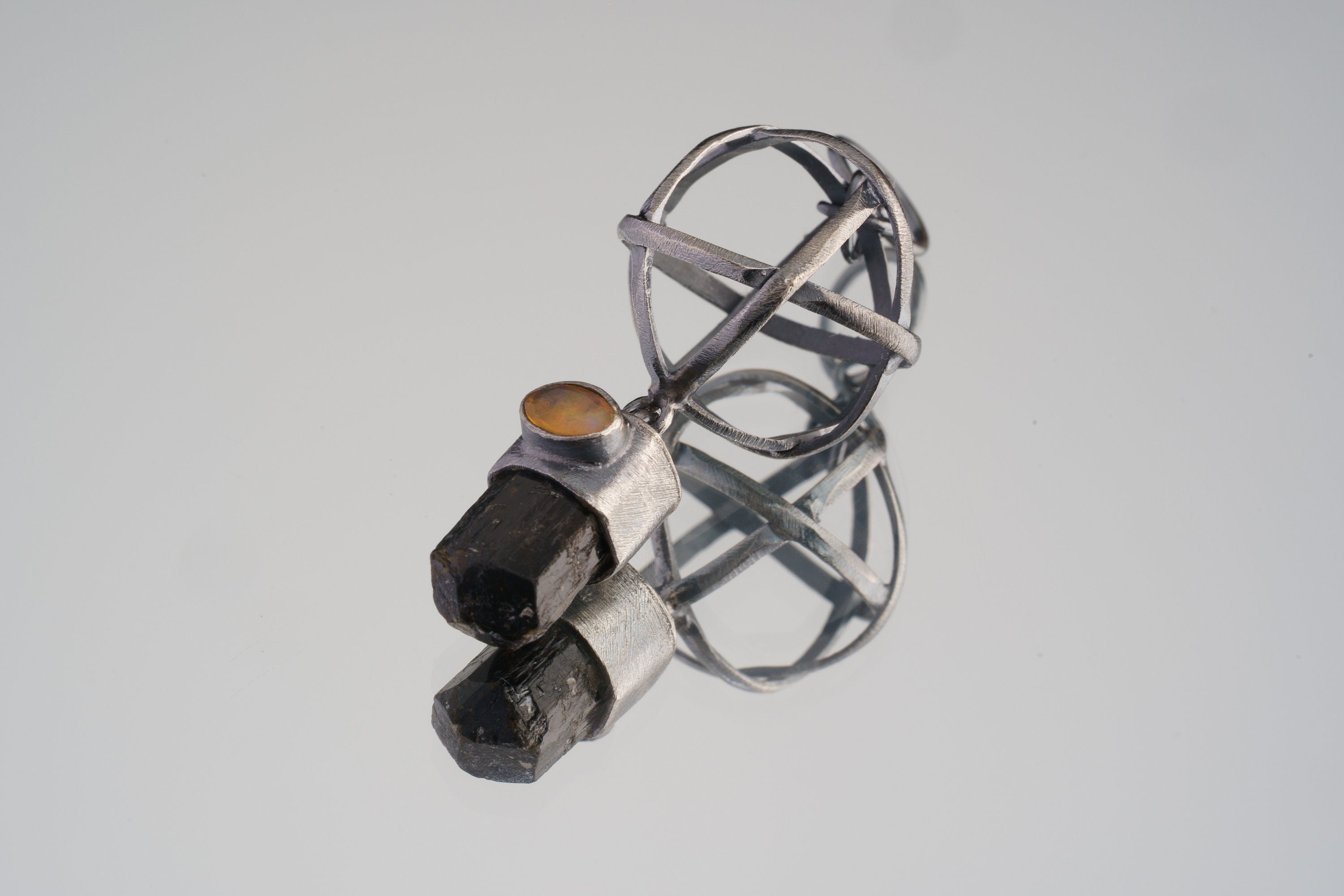 Himalayan Brown Tourmaline Opal Necklace 925 Sterling Silver Brutalist Wire Sphere Dravite Talisman Gift