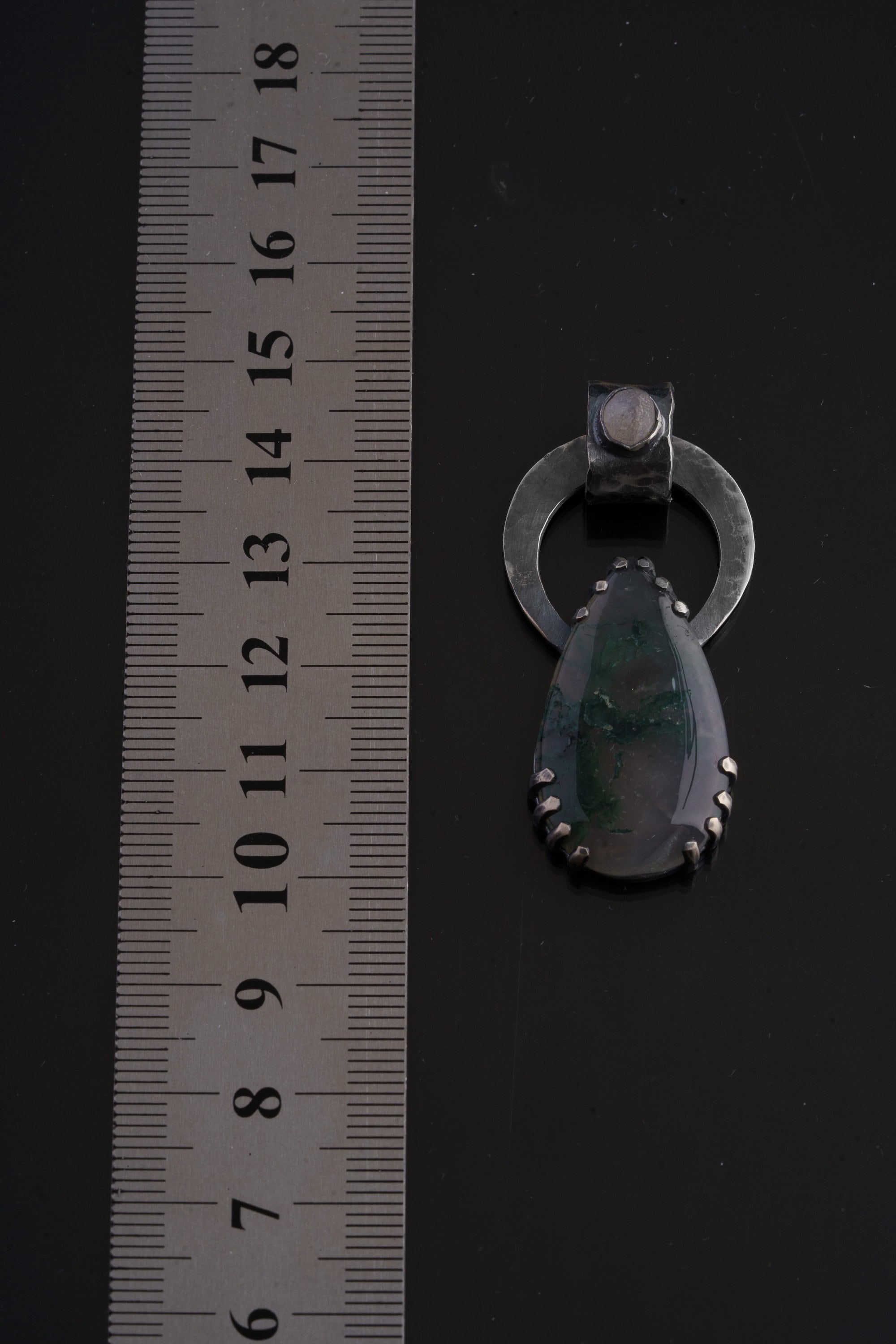 Moss Agate & Blue Moonstone - Oxidised Hammered Sterling Silver - Claw Set Pendant