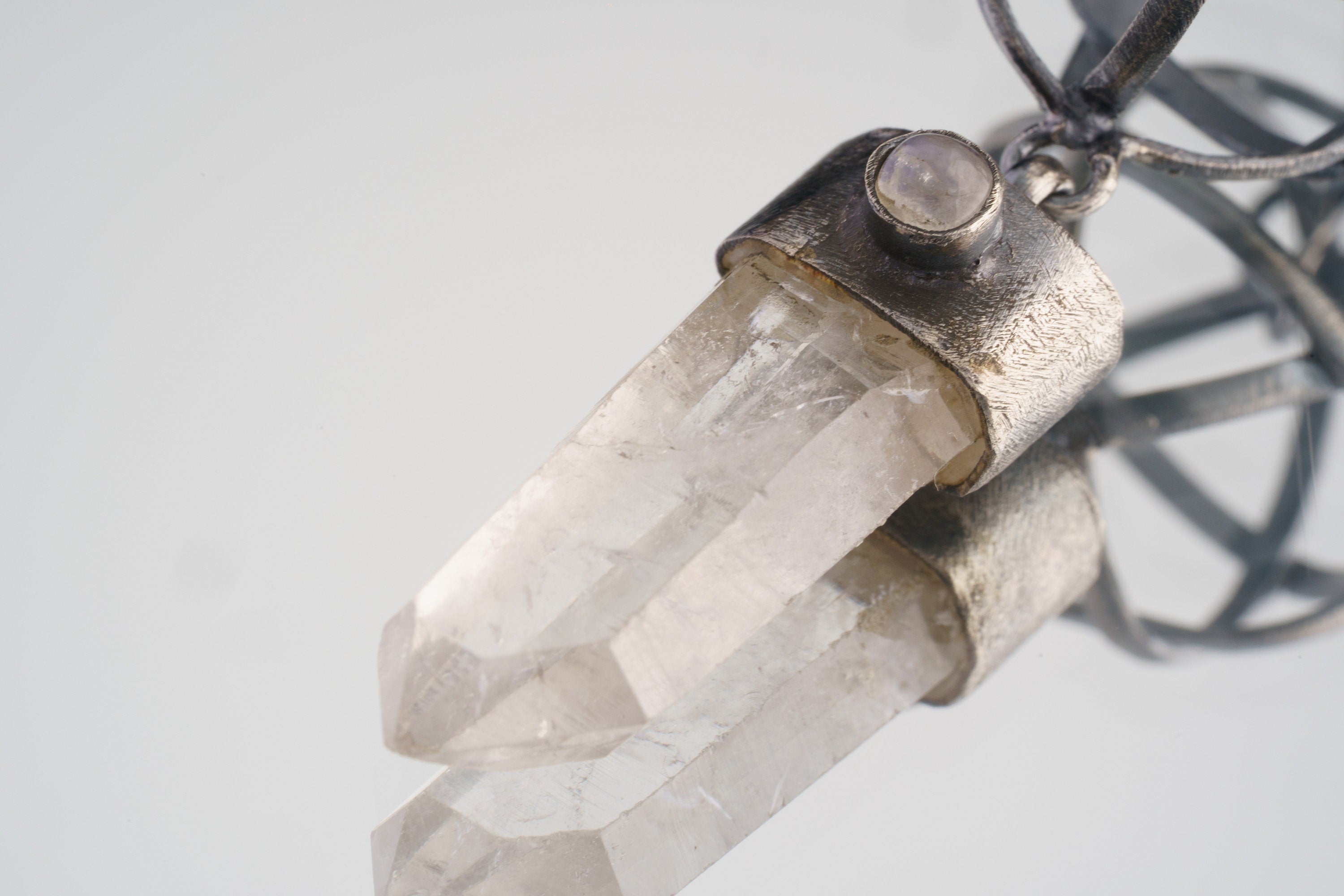 Himalayan Lemurian Quartz Blue Moonstone Pendant 925 Silver Oxidized Brutalist Sphere Crown Third Eye Chakra Necklace