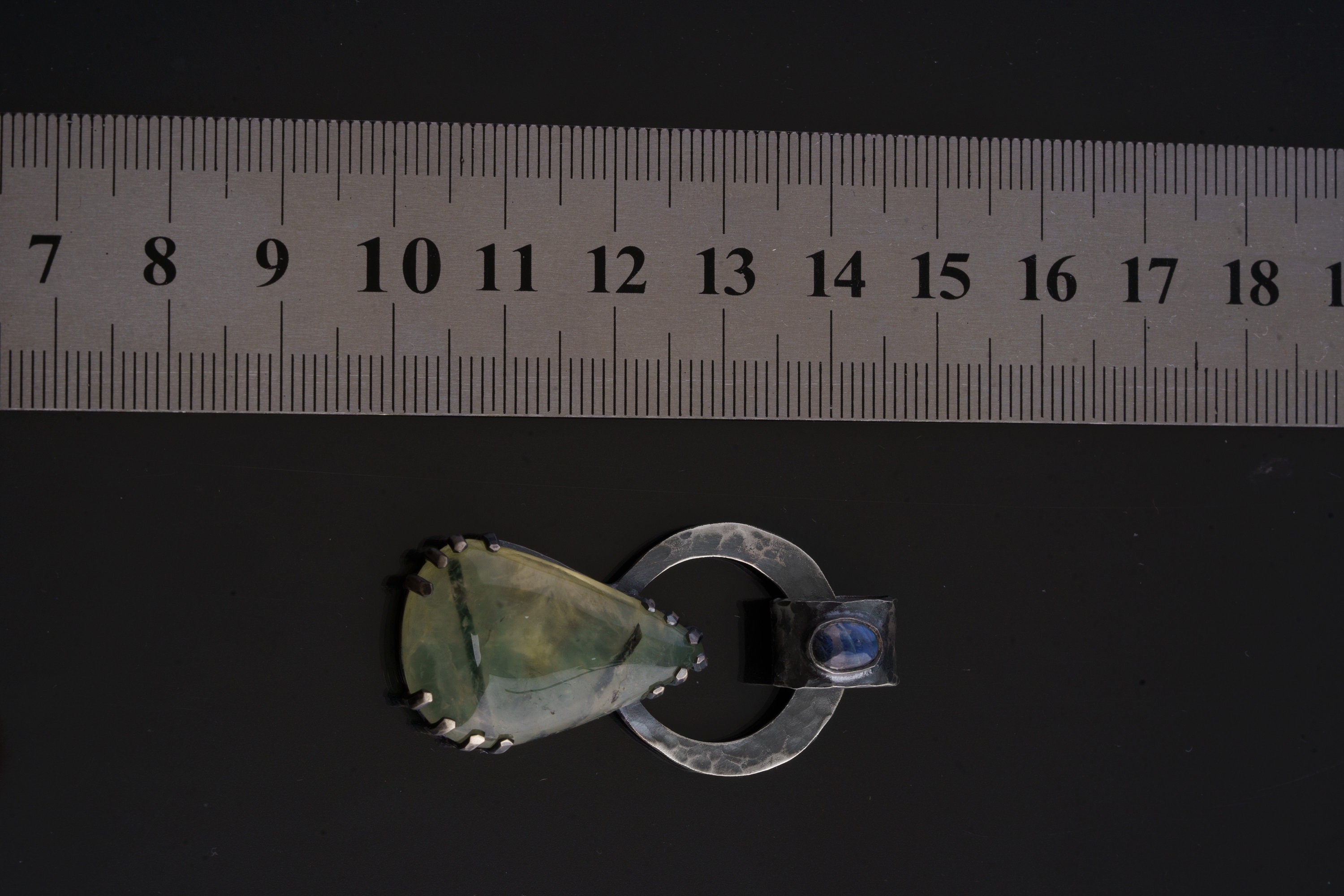 Peridot with Black Rutile & Blue Moonstone - Oxidised Hammered Sterling Silver - Claw Set Pendant