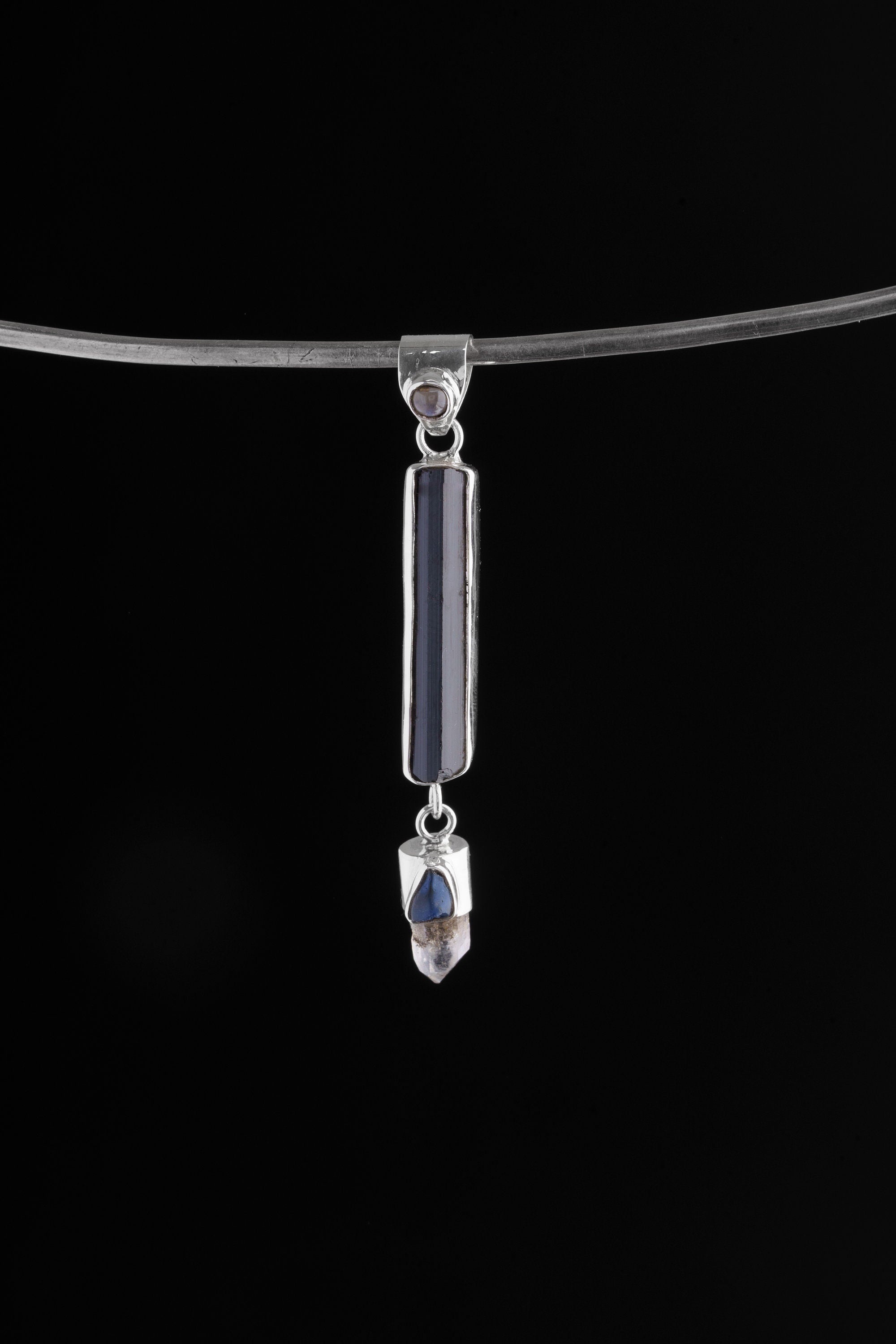 Blue Moonstone, Raw Tourmaline, Light Australian Smoky Quartz, & Blue Sapphire Pendant, Sterling Silver, Libra Zodiac, Emotional Balance