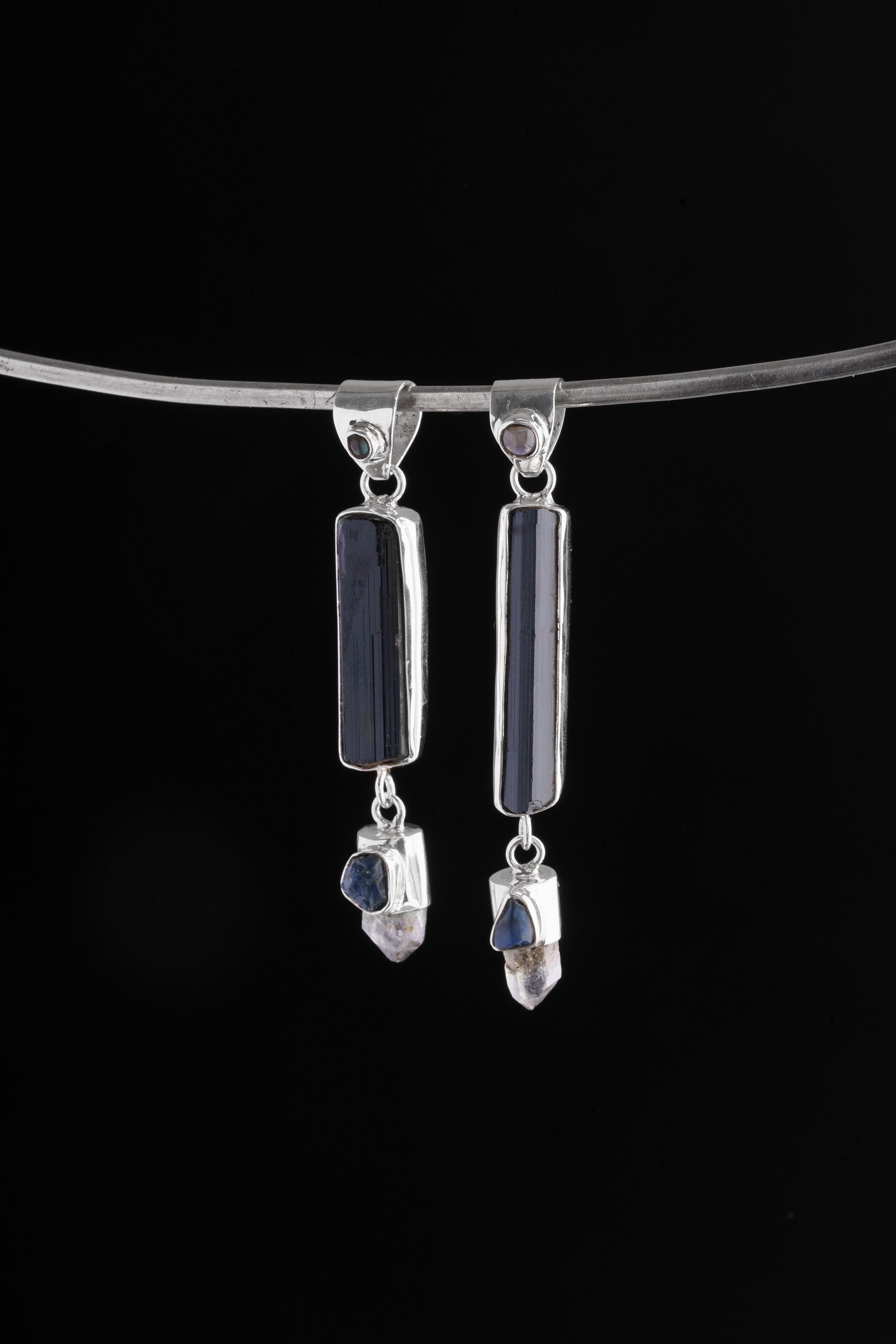 Blue Moonstone, Raw Tourmaline, Light Australian Smoky Quartz, & Blue Sapphire Pendant, Sterling Silver, Libra Zodiac, Emotional Balance