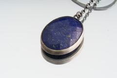 Faceted Lapis Lazuli Pendant Oxidized & Brush Textured Adjustable Sterling Silver Necklace 16-Inch Chain Third Eye Chakra Sagittarius/Pisces