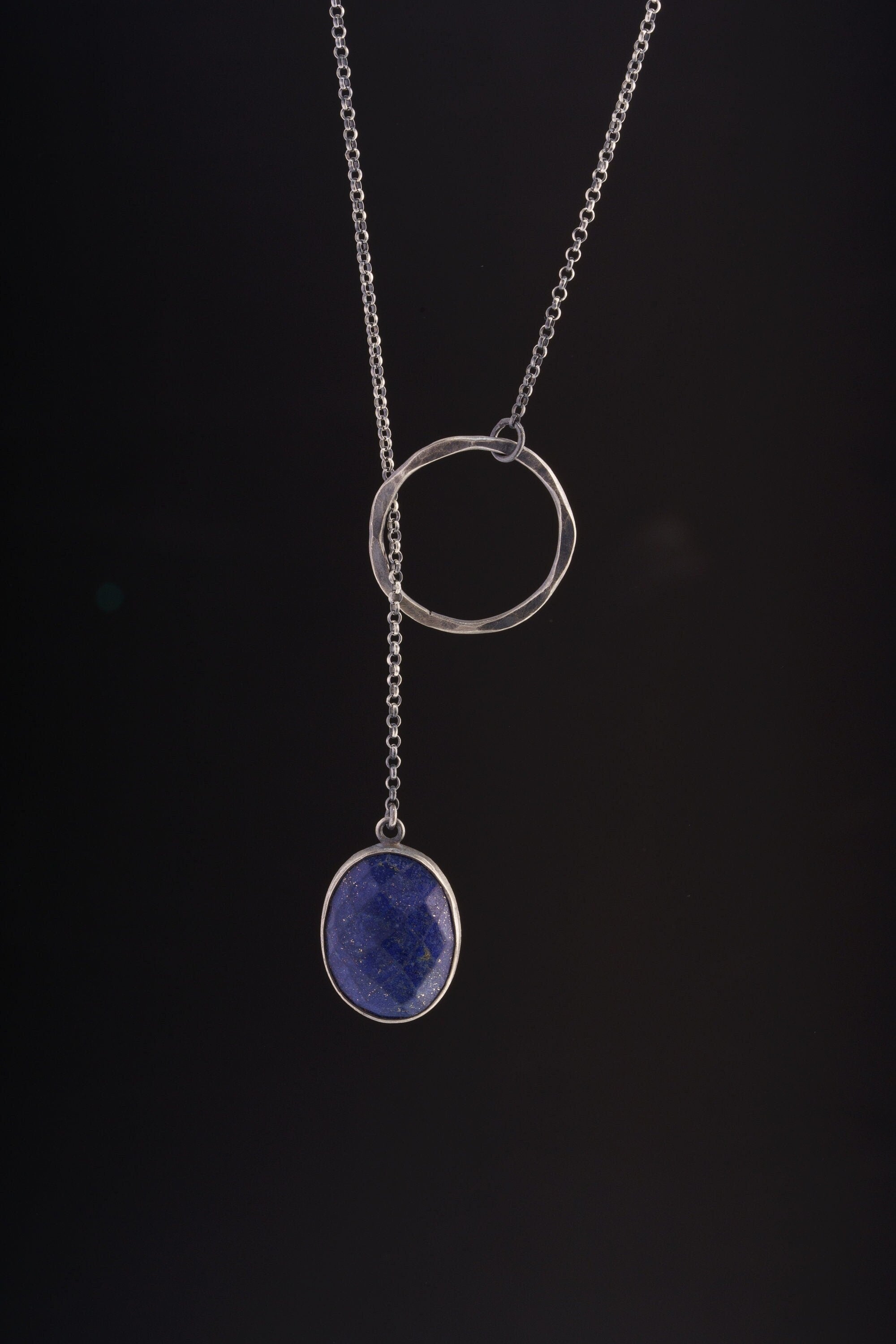 Faceted Lapis Lazuli Pendant Oxidized & Brush Textured Adjustable Sterling Silver Necklace 16-Inch Chain Third Eye Chakra Sagittarius/Pisces