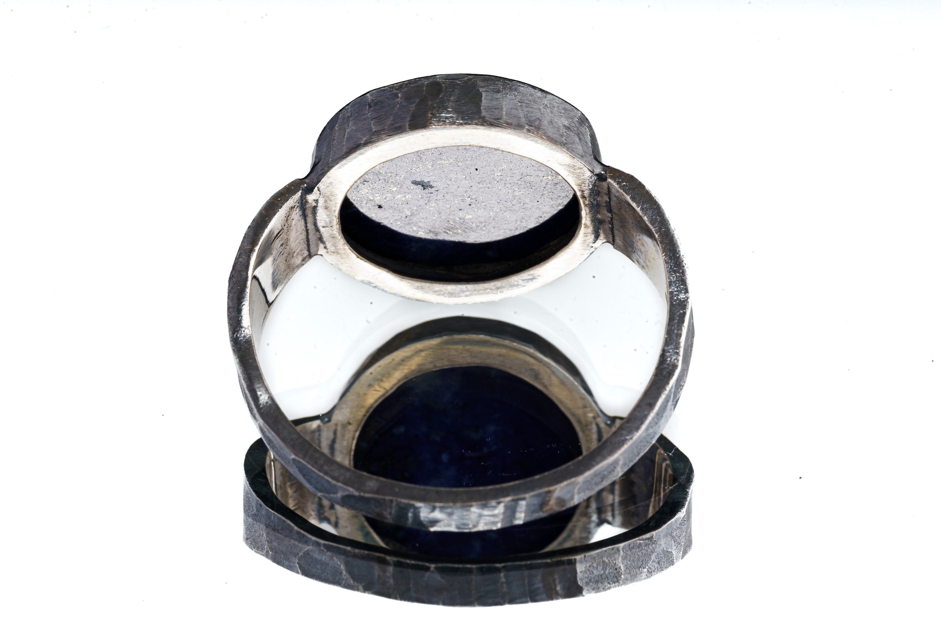 Lapis Lazuli Ring 925 Sterling Silver Oxidized Hammered Band Large Old Cut Throat Third Eye Chakra Gift