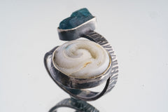 Side view of Apatite and Crystallized Shell ring showing oxidized sterling silver bezel texture and sculptural open construction.