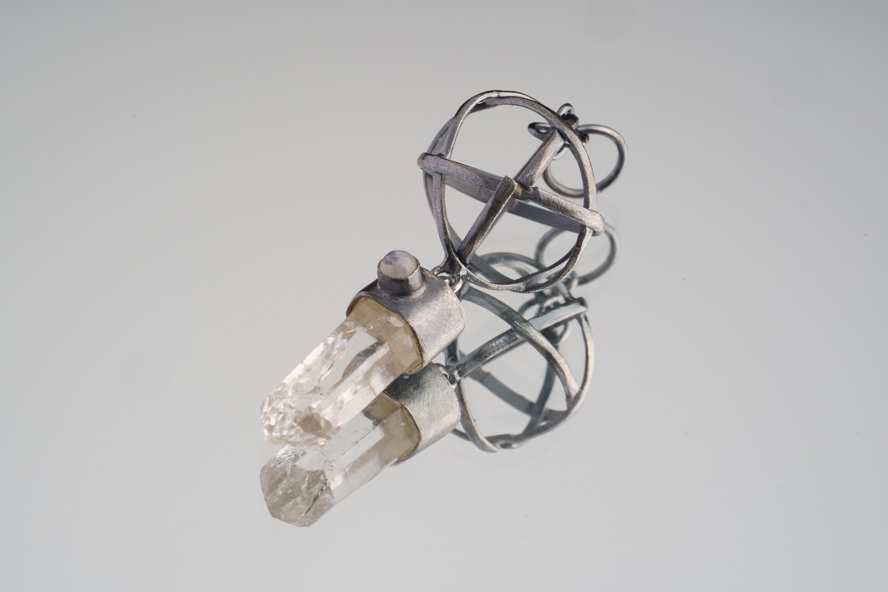 Himalayan Lemurian Quartz Point & Oval Blue Moonstone Pendant, Oxidised and Brush Textured Sterling Silver,Third Eye Chakra,Cancer Zodiac