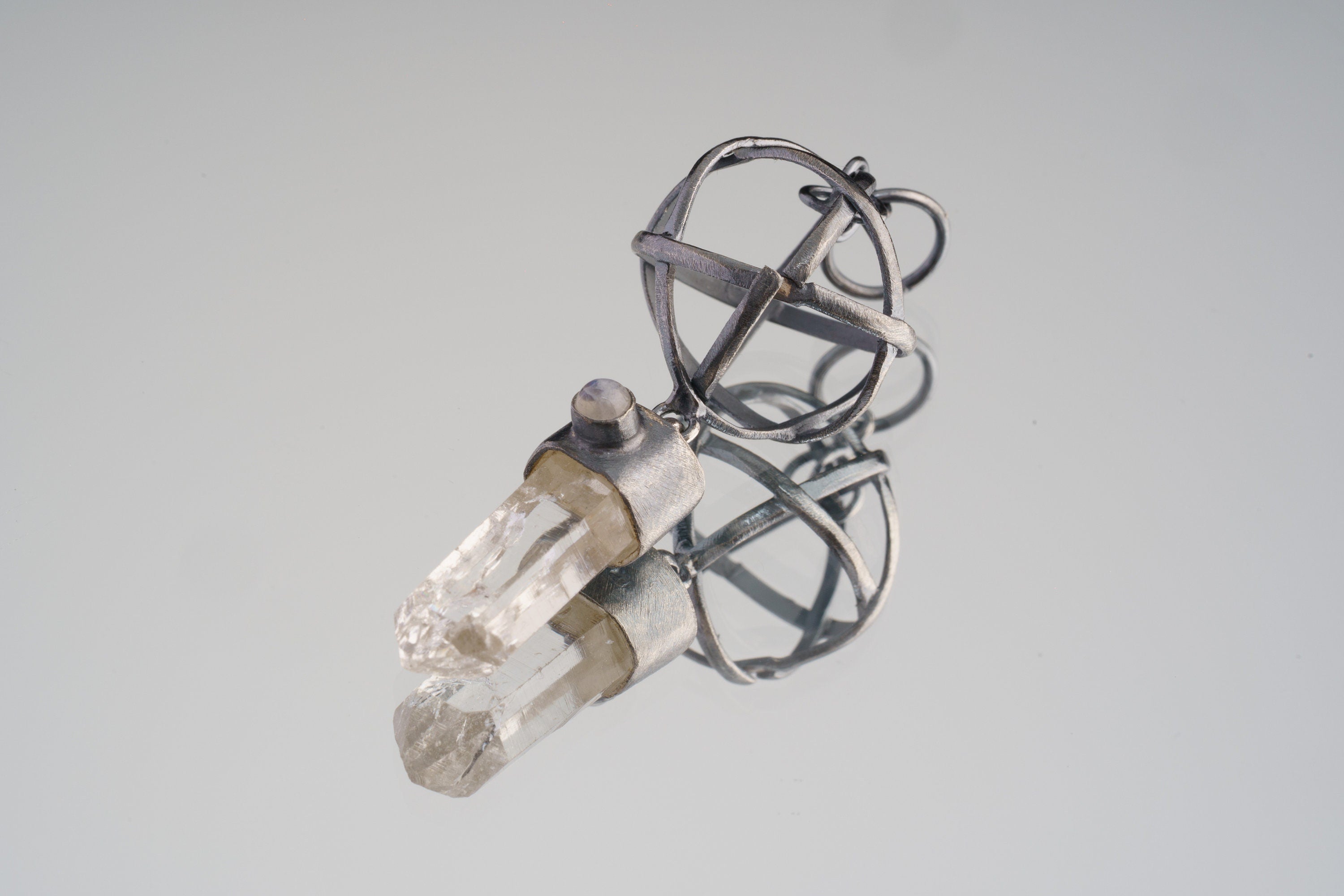 Himalayan Lemurian Quartz Point & Oval Blue Moonstone Pendant, Oxidised and Brush Textured Sterling Silver,Third Eye Chakra,Cancer Zodiac