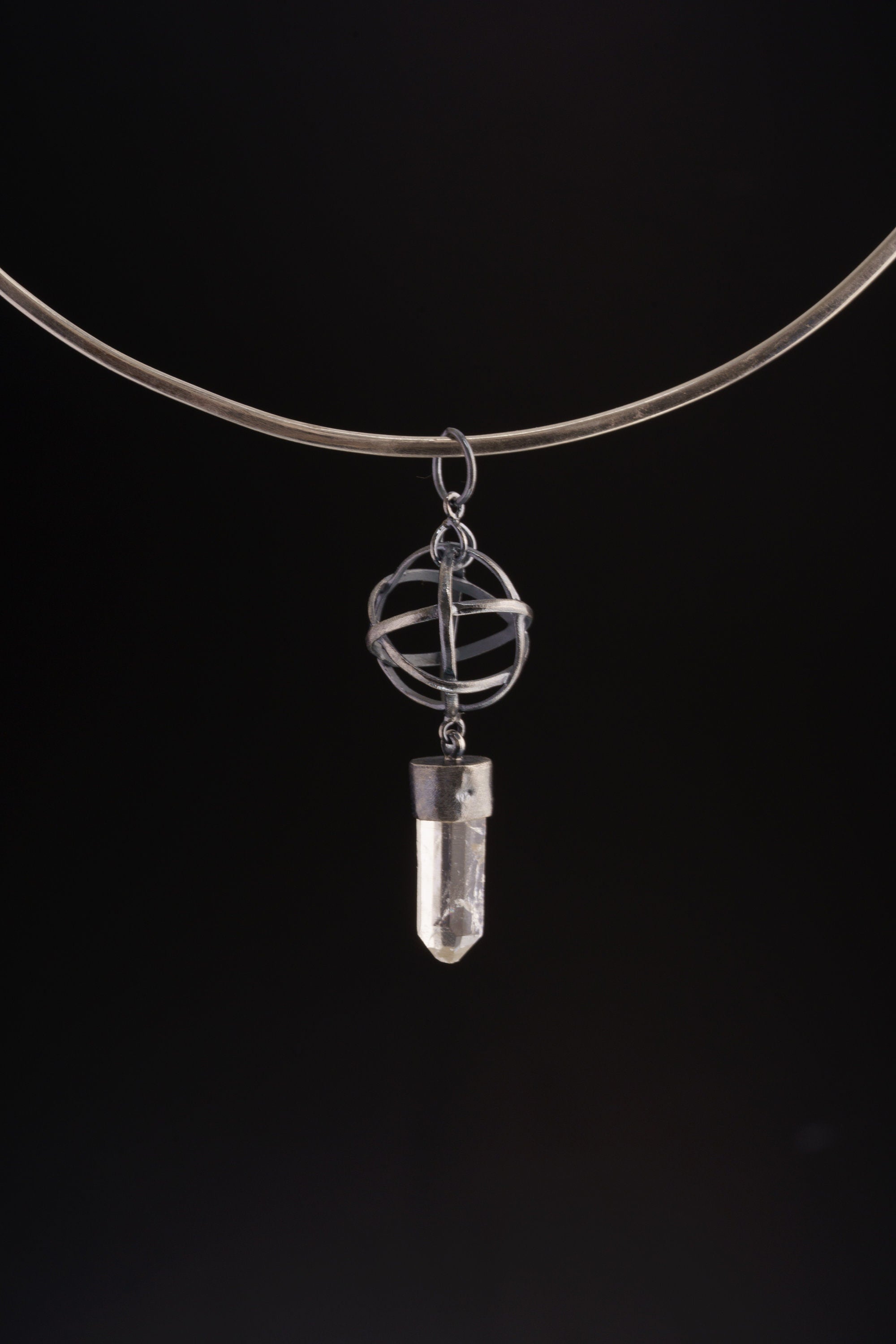 Himalayan Lemurian Quartz Blue Moonstone Pendant 925 Silver Oxidized Brutalist Sphere Crown Third Eye Chakra Necklace