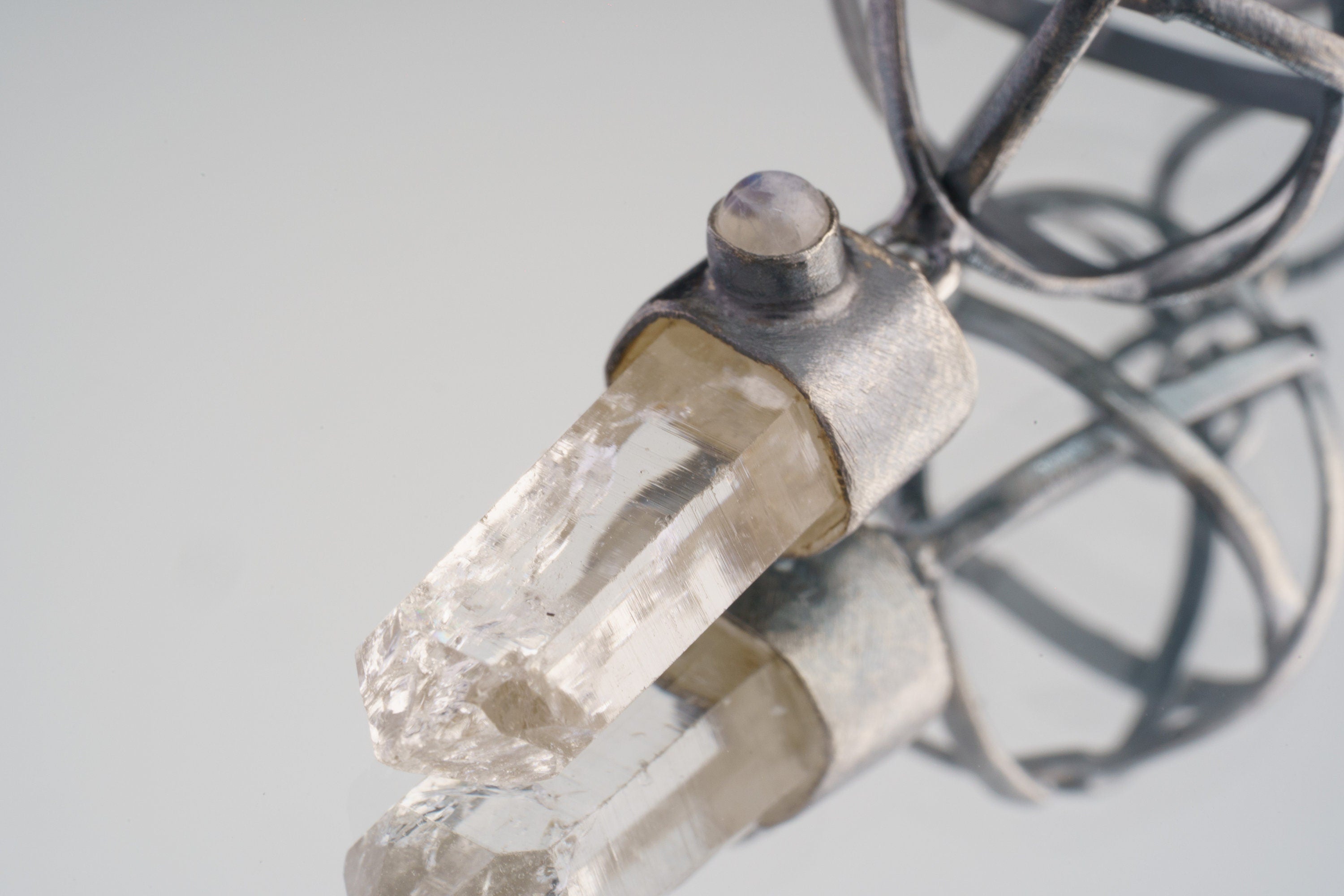 Lemurian Quartz Moonstone Pendant: Oxidized Sterling Silver Third Eye Chakra