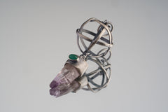Oxidized Sterling Silver Pendant: Vera Cruz Amethyst, Emerald Eye, Brutalist Sphere