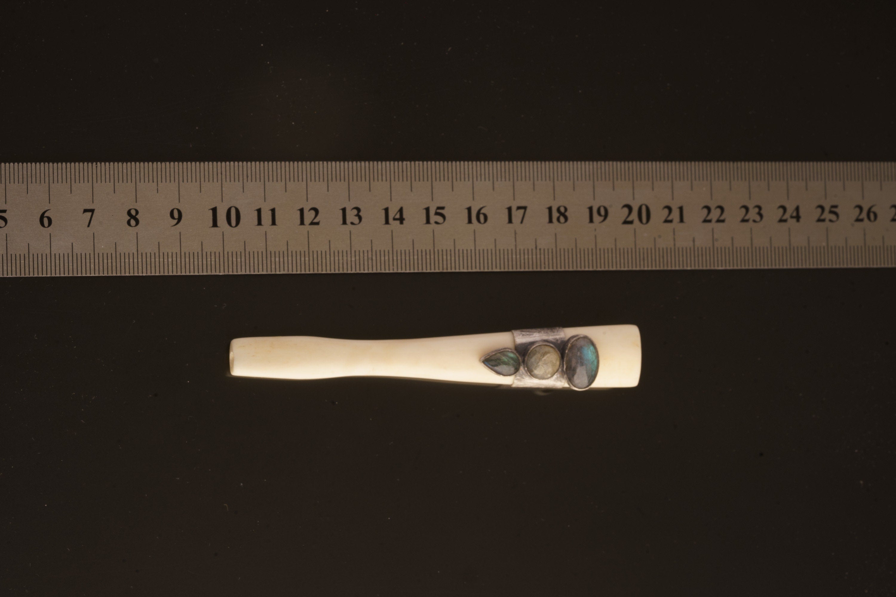 Ecliptic Symphony: One Oval, One Circular, and One Teardrop Labradorite - Antique Bone Inhalation Tube