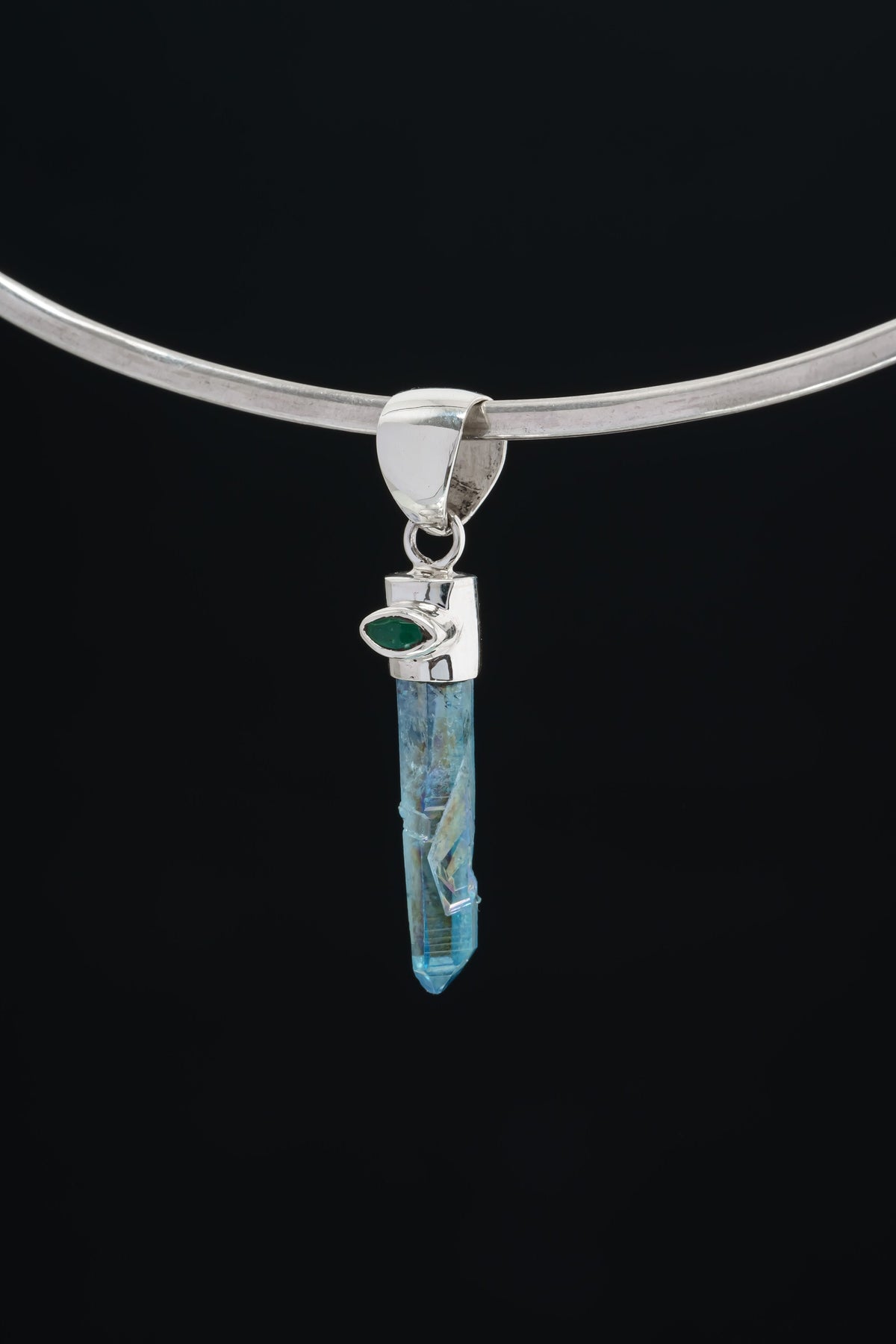 Aqua Aura Quartz & Eye Shape Faceted Natural Emerald - High Shine Sterling Silver Crystal Pendant NO/8
