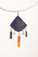 Geometry Shape Pendant with Lapis Lazuli, Black Tourmaline, Clear Quartz & Red Kyanite, Sterling Silver