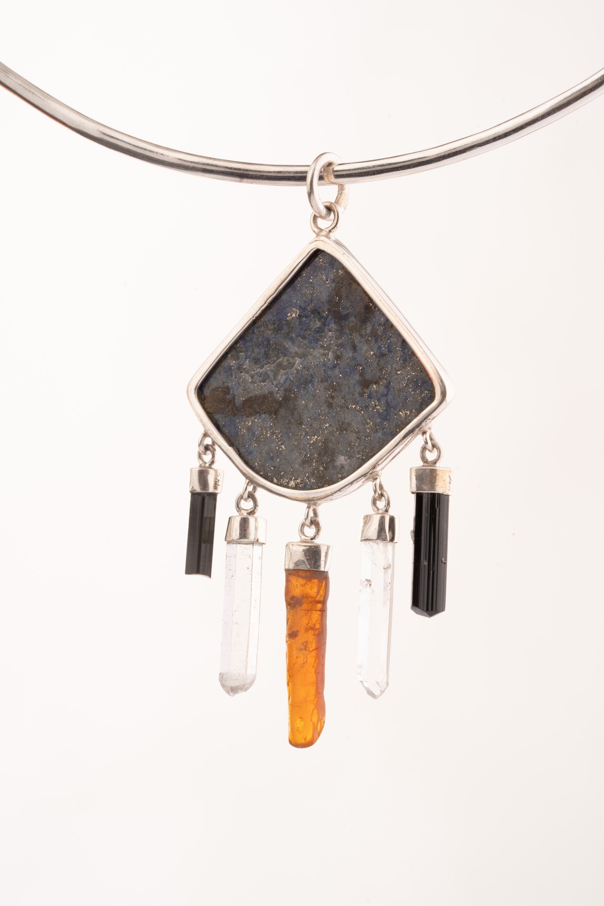 Geometry Shape Pendant with Lapis Lazuli, Black Tourmaline, Clear Quartz & Red Kyanite, Sterling Silver