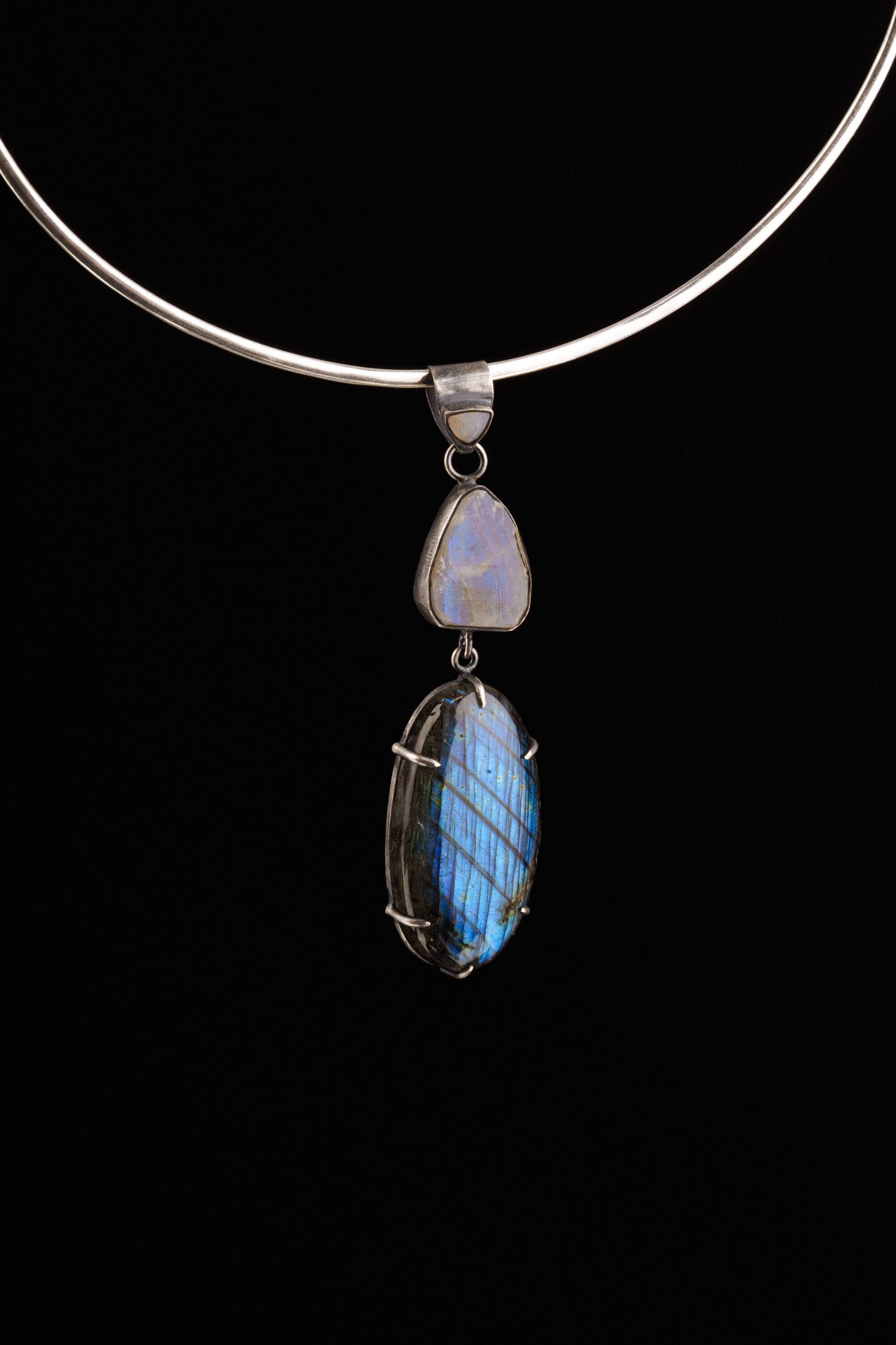Celestial Alignment: Ethiopian Opal, Blue Moonstone, and Labradorite - Sterling Silver Pendant