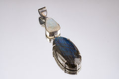Celestial Alignment: Ethiopian Opal, Blue Moonstone, and Labradorite - Sterling Silver Pendant