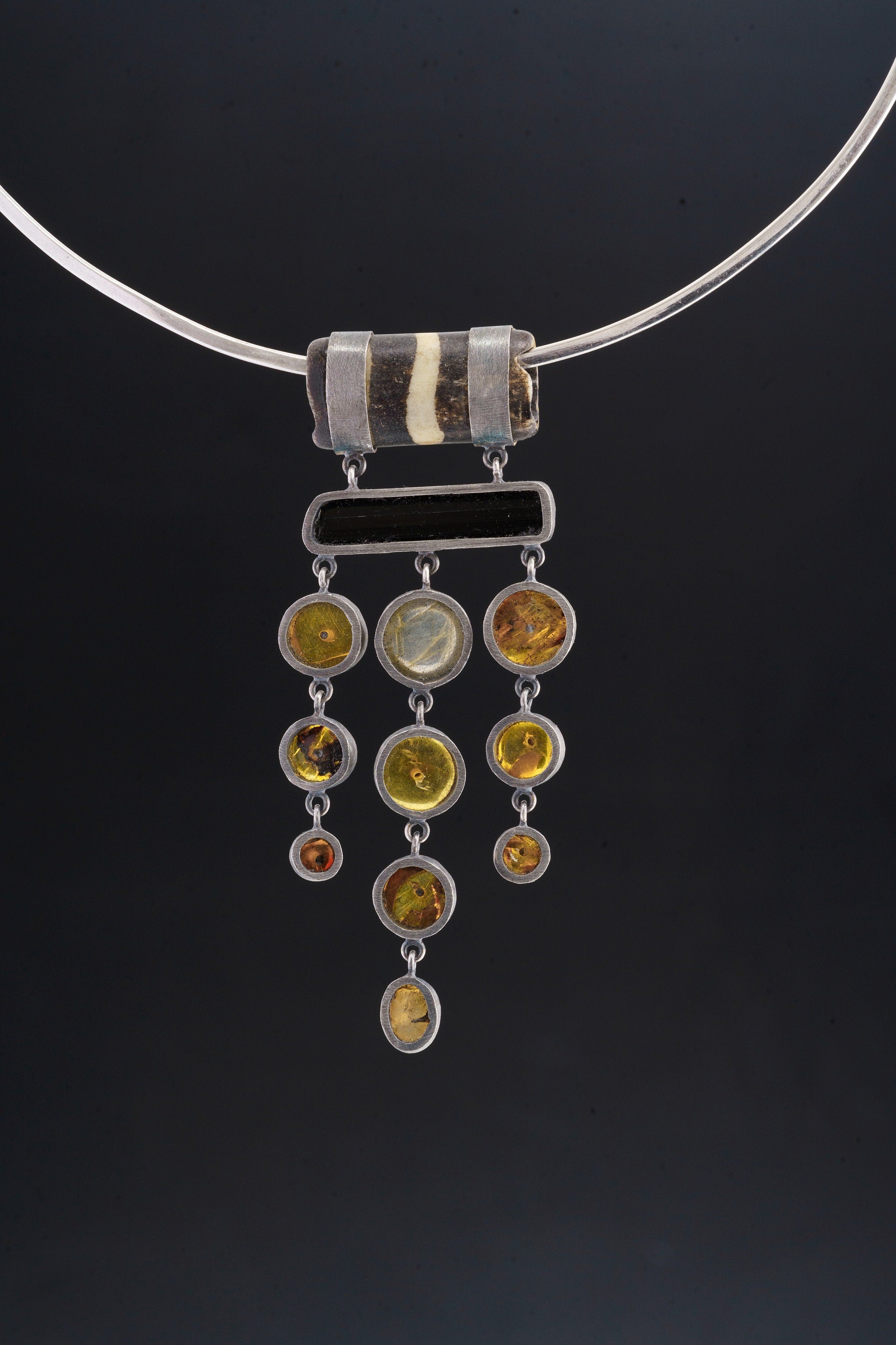 Carved Bone, Black Tourmaline, Mexican Amber, and Rainbow Labradorite Pendant, Sterling Silver,