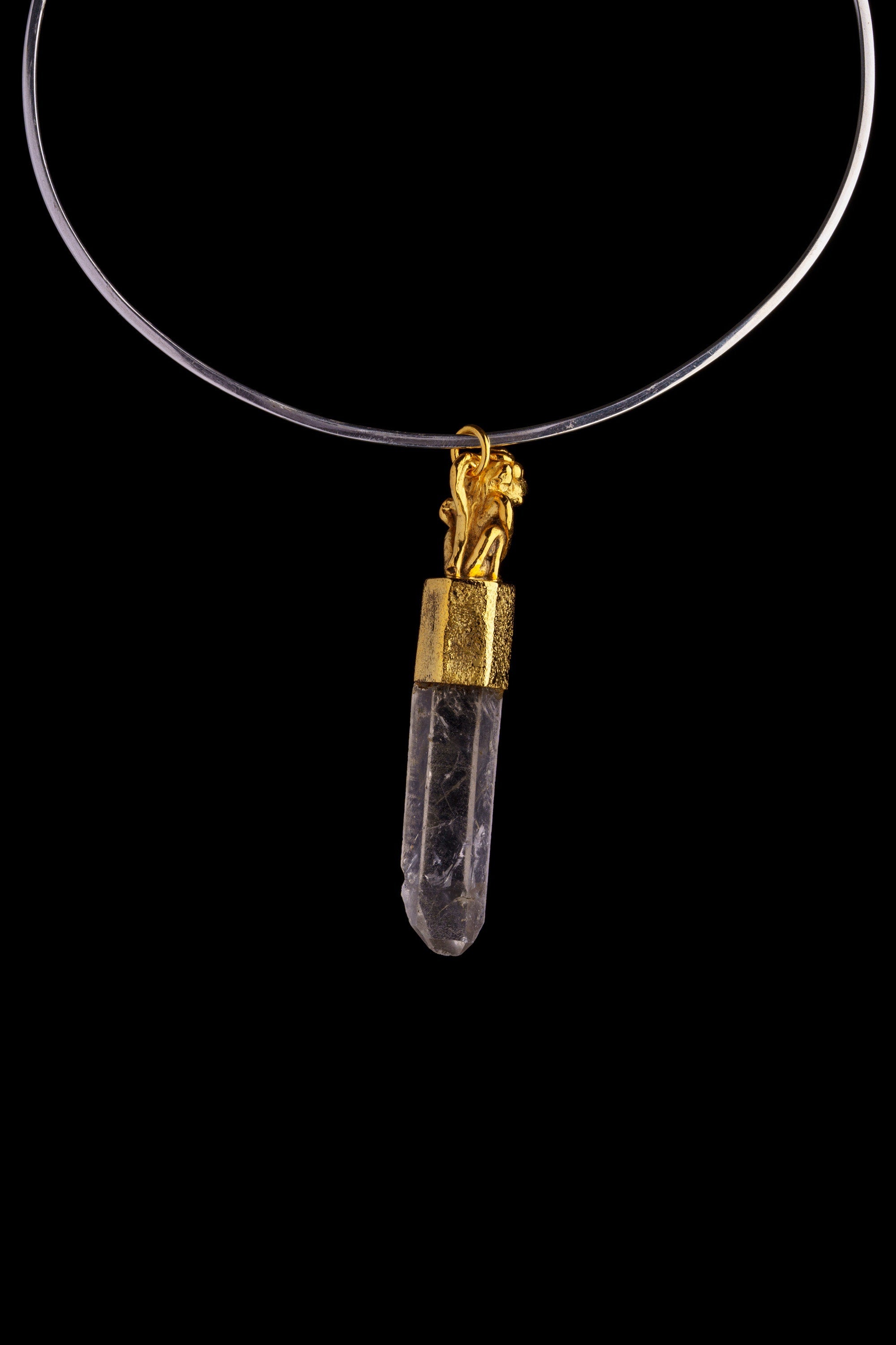 Squatting Monkey Pendant with Australian Lemurian Clear Quartz, Gold-Plated Talisman, Crown Chakra, Pisces Zodiac, Unique Gift