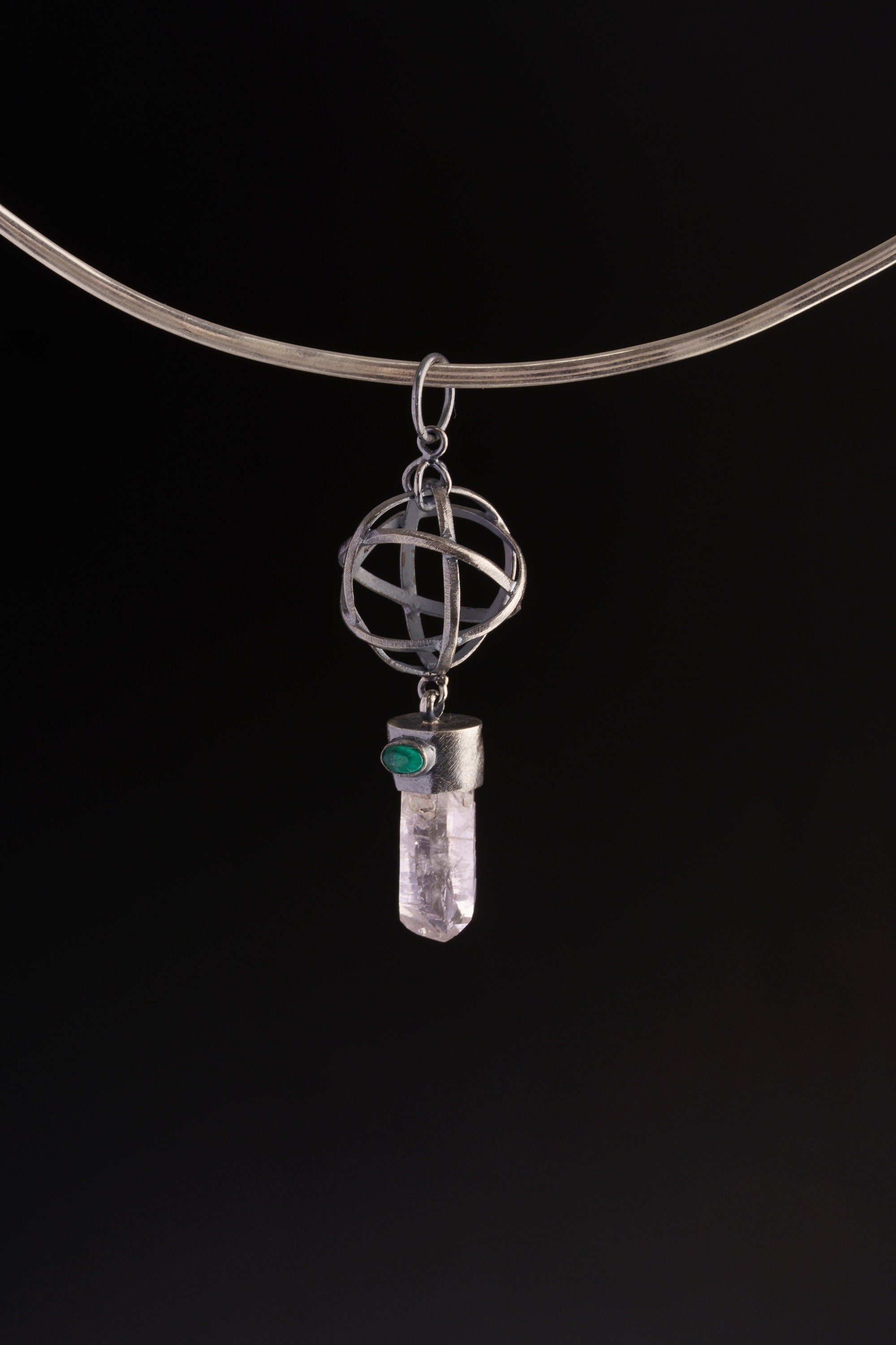 Vera Cruz Amethyst Emerald Pendant 925 Silver Oxidized Brutalist Sphere Third Eye Crown Heart Chakra Necklace