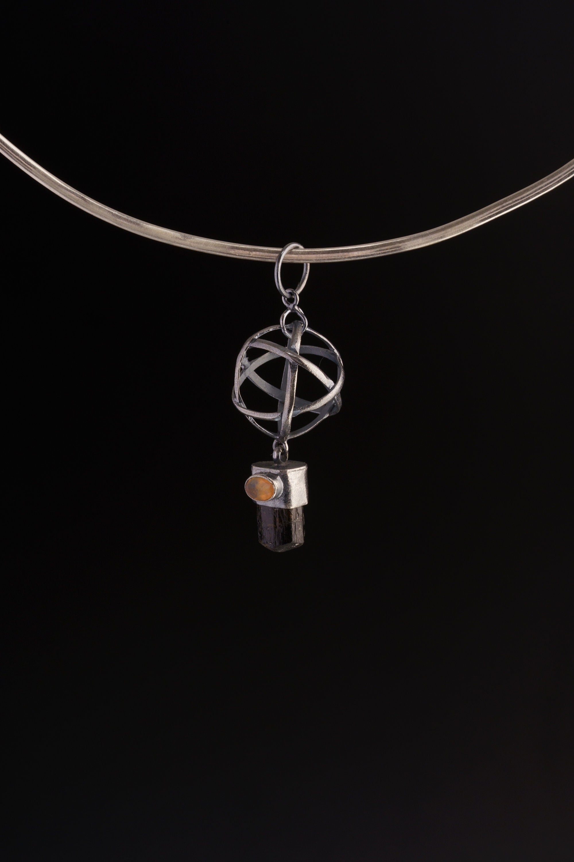 Cosmic Balance: Himalayan Brown Tourmaline & Ethiopian Oval Fiery Rainbow Opal - Oxidised and Brush Textured - Sterling Silver Pendant