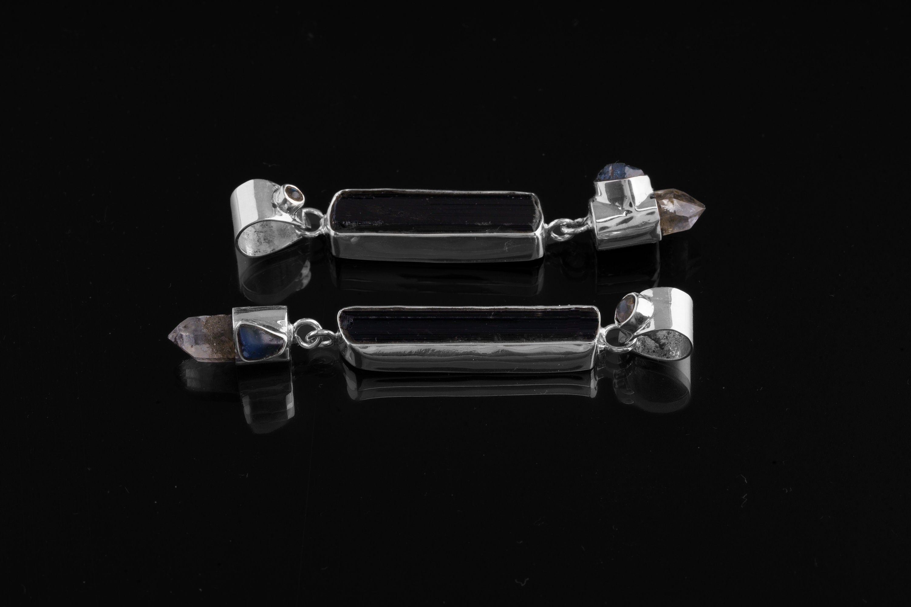 Blue Moonstone Tourmaline Smoky Quartz Sapphire Pendant 925 Silver Third Eye Root Chakra Gift
