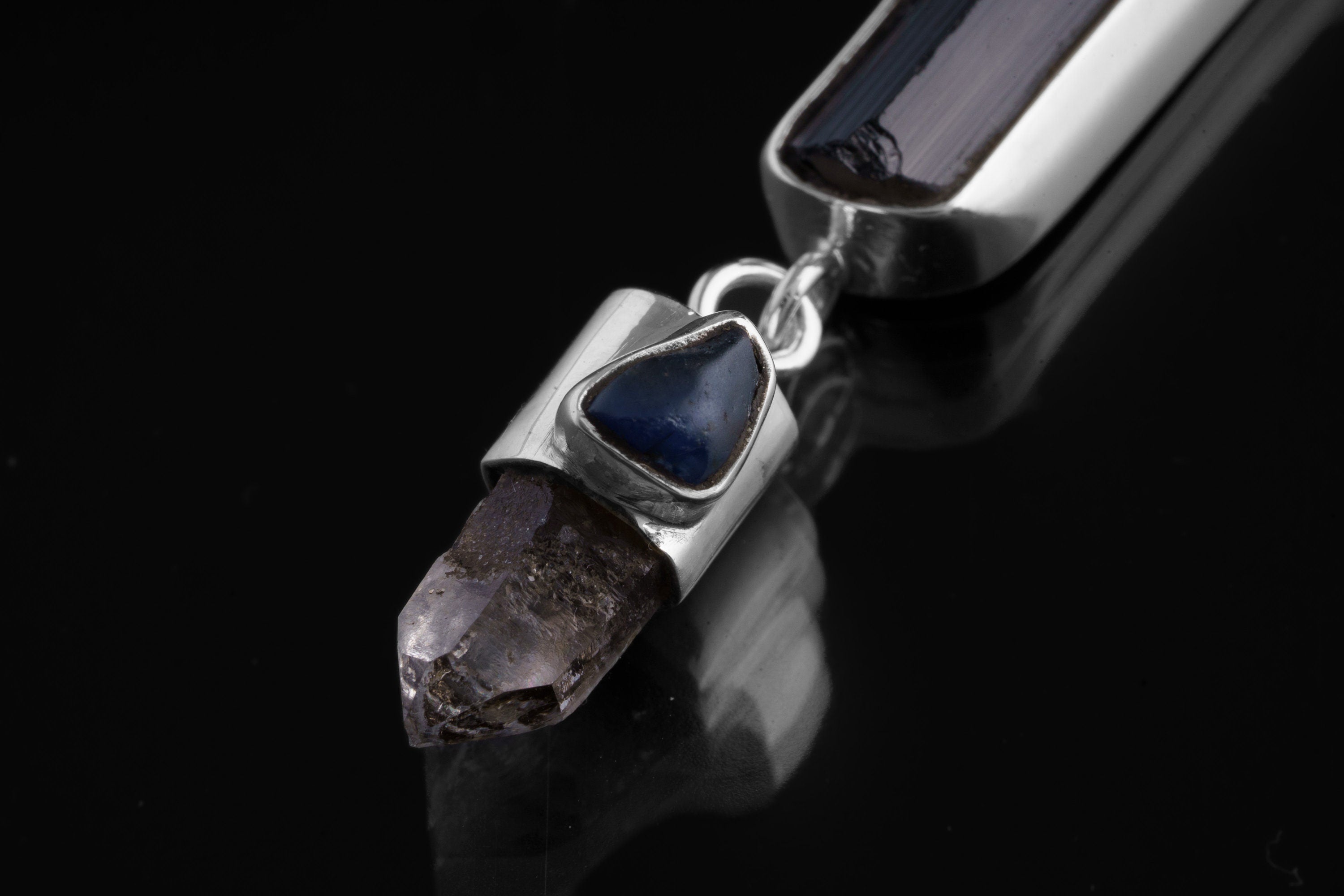 Blue Moonstone, Raw Tourmaline, Light Australian Smoky Quartz, & Blue Sapphire Pendant, Sterling Silver, Libra Zodiac, Emotional Balance