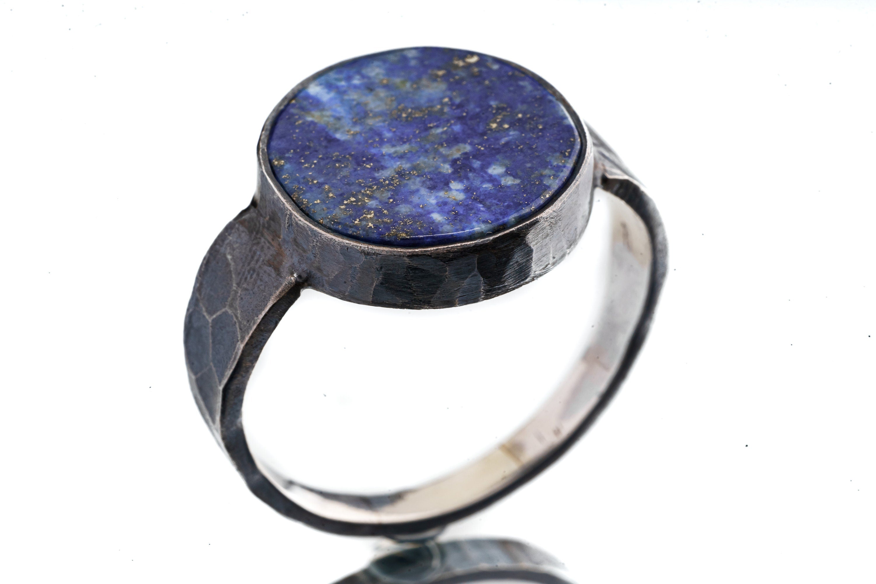 Lapis Lazuli Ring 925 Sterling Silver Oxidized Hammered Band Large Old Cut Throat Third Eye Chakra Gift