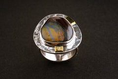 Ecliptic Radiance - Australian Boulder Opal - Unisex - Size 5-12 US - Large Adjustable Sterling Silver Ring